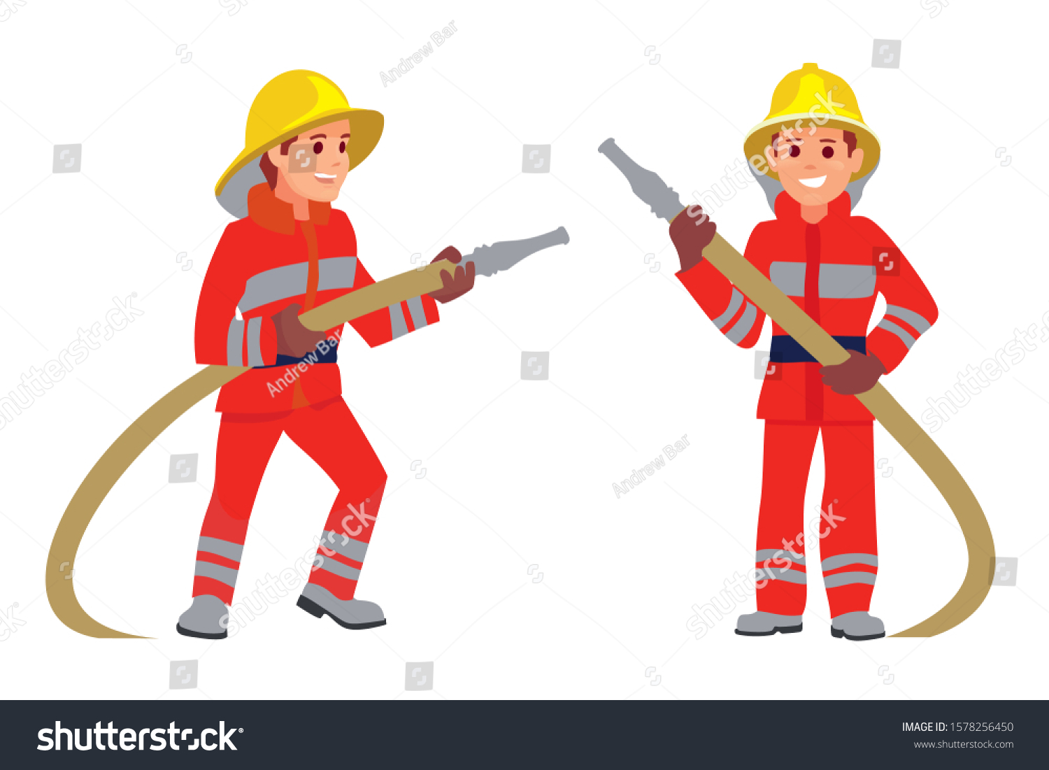 SVG of Firefighter Characters  in Helmets with fire hydrants, hose put out fire. Fireman. svg