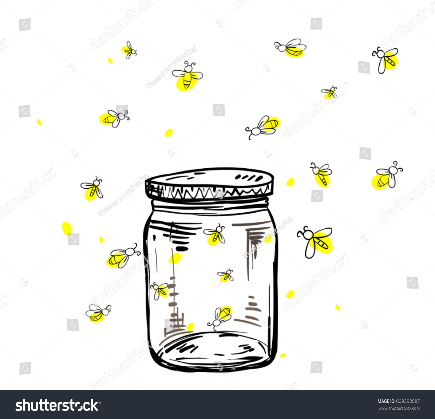 Fireflies Flying Around Jar Hand Drawing Stock Vector (Royalty Free ...