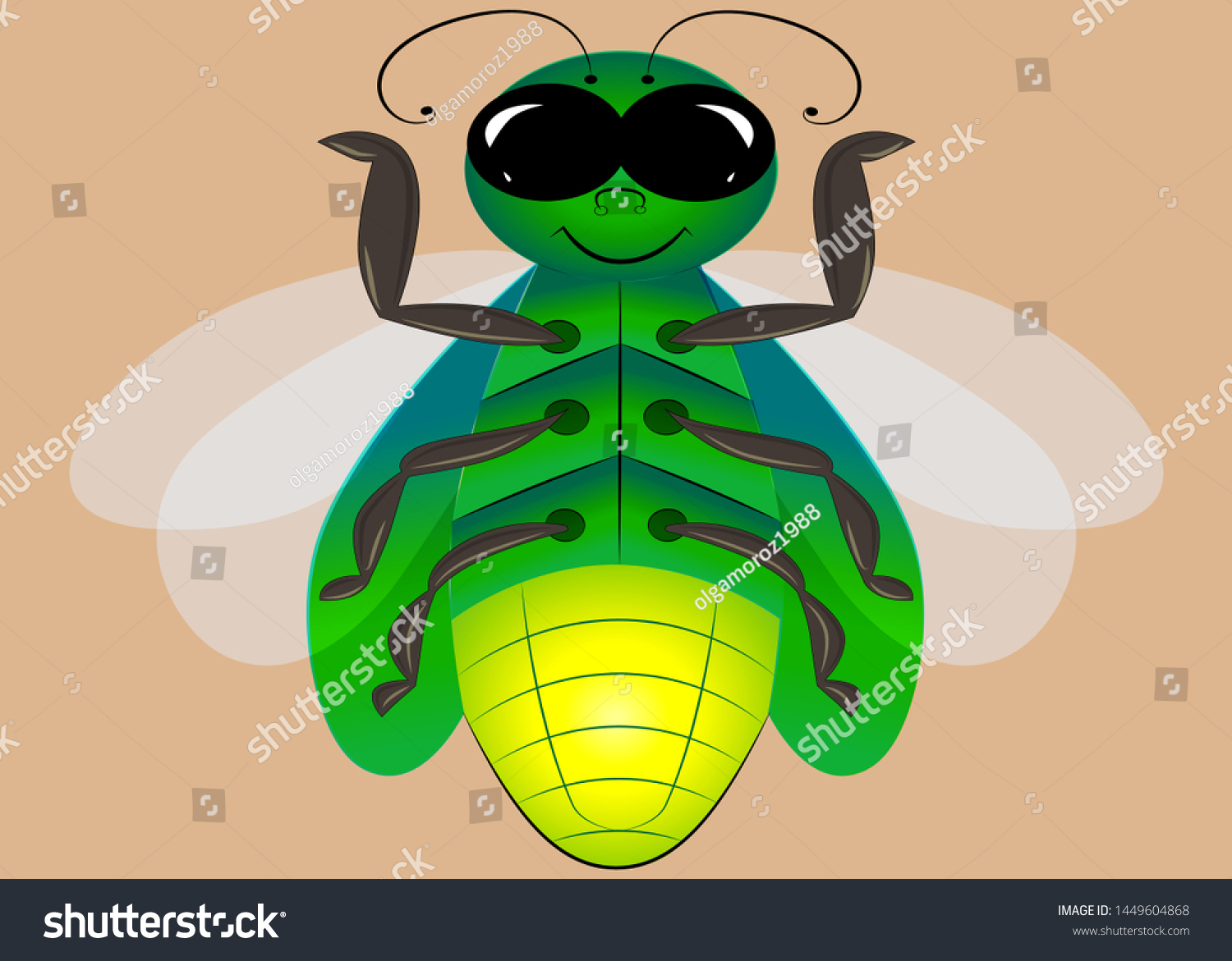 SVG of Firefly from the family of beetles. The night firefly is green with three wings of wings, two bright and one green. A cartoon beetle with big black eyes, and a tail waving. svg