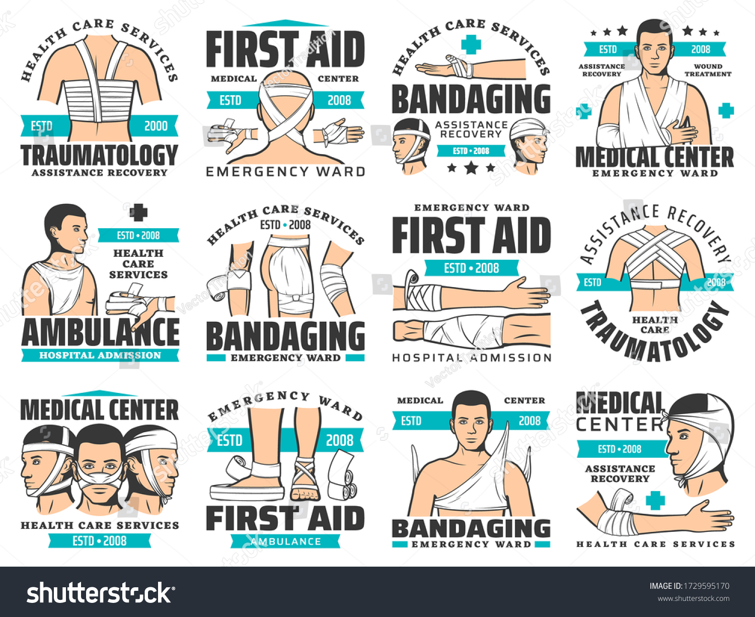 SVG of First aid and wound bandaging vector icons. Accident injury emergency ward and trauma ambulance service. Traumatology first aid medical center, arm and leg head and shoulder fracture symbols svg