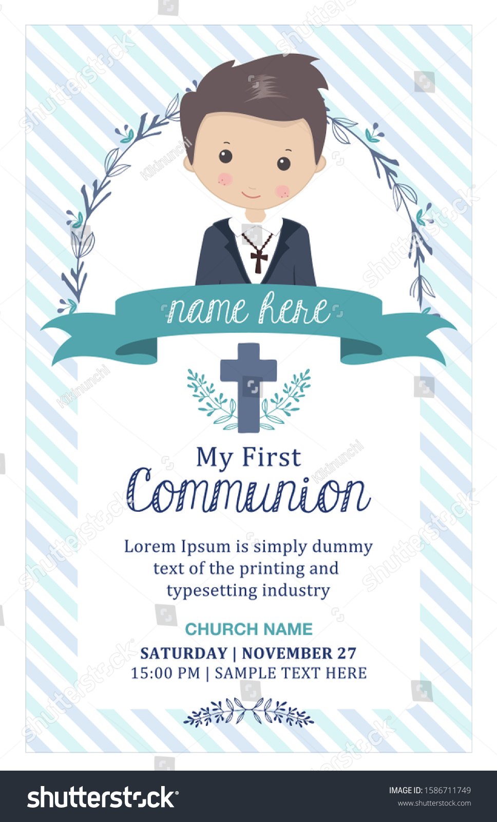 SVG of First communion boy. Child with communion dress and flower frame, in green and blue tones svg