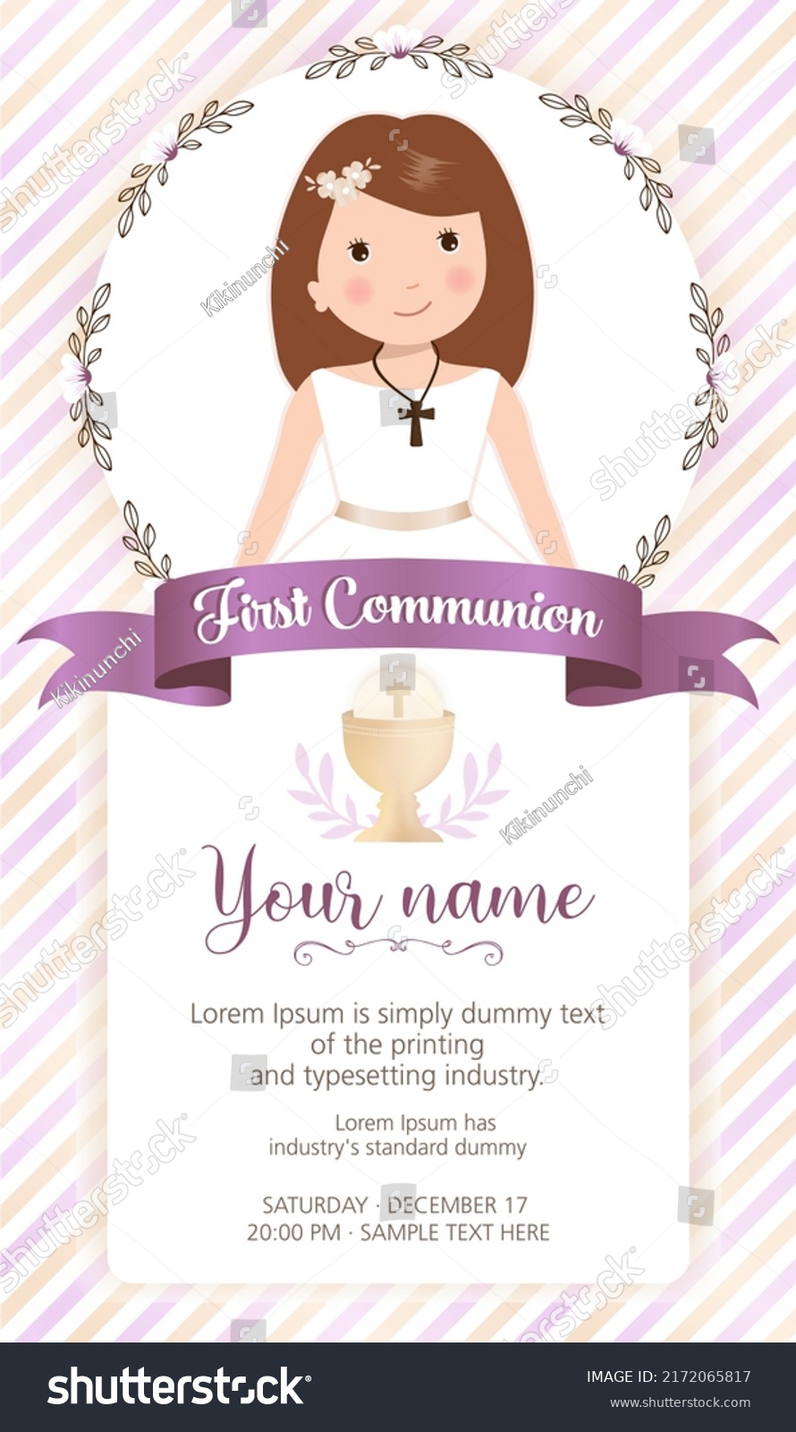 SVG of First communion invitation. Girl with communion dress and flower frame. First holy communion invitation. svg