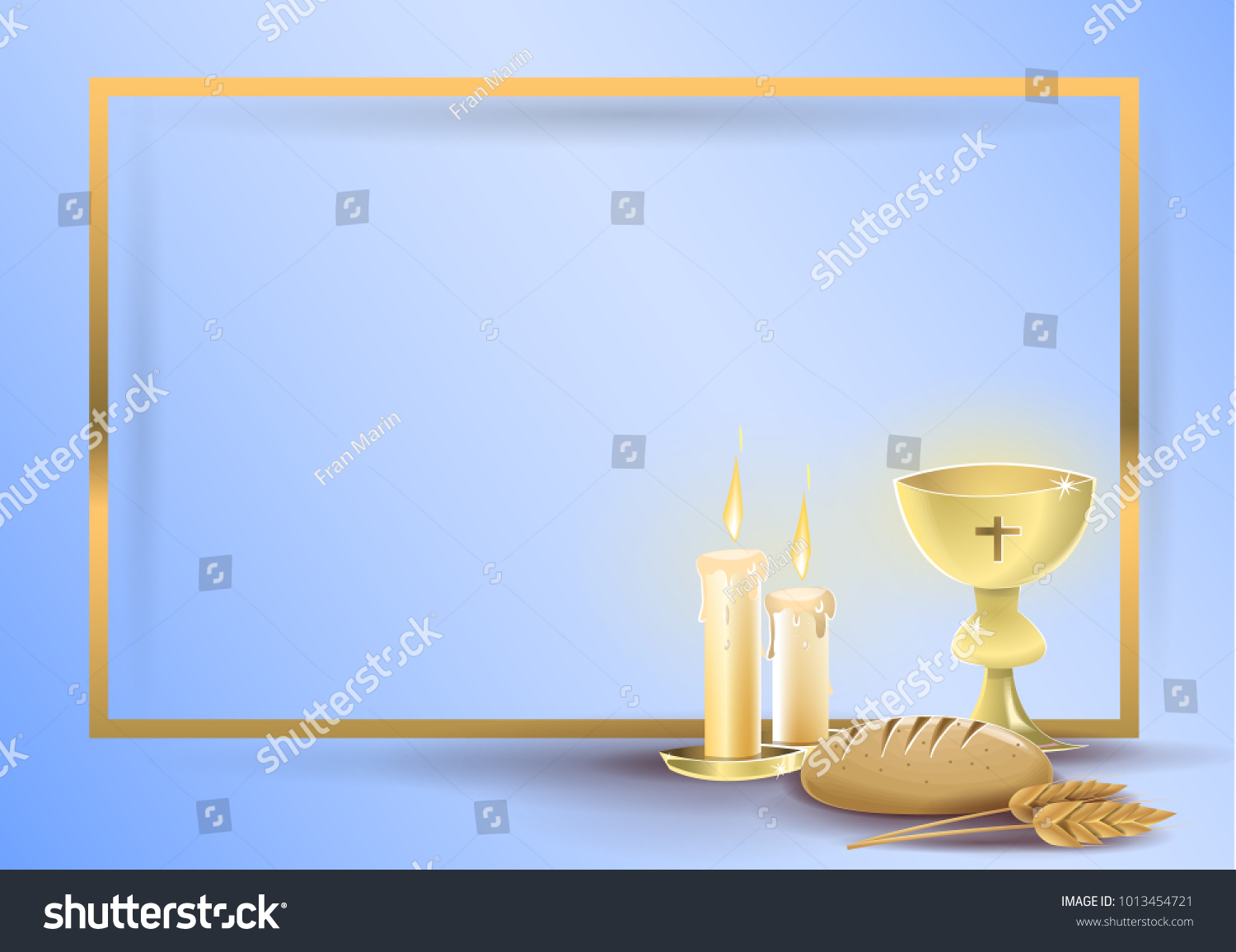 SVG of First communion religious invitation card: Religious elements of communion and baptism, on a blue background with a golden border. Vector image svg