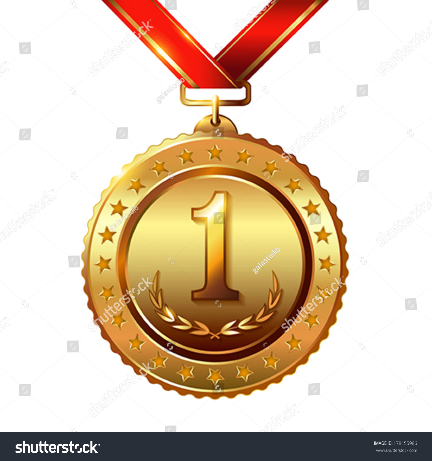 First Place. Golden Award Medal Isolated On White With Red Ribbon And ...