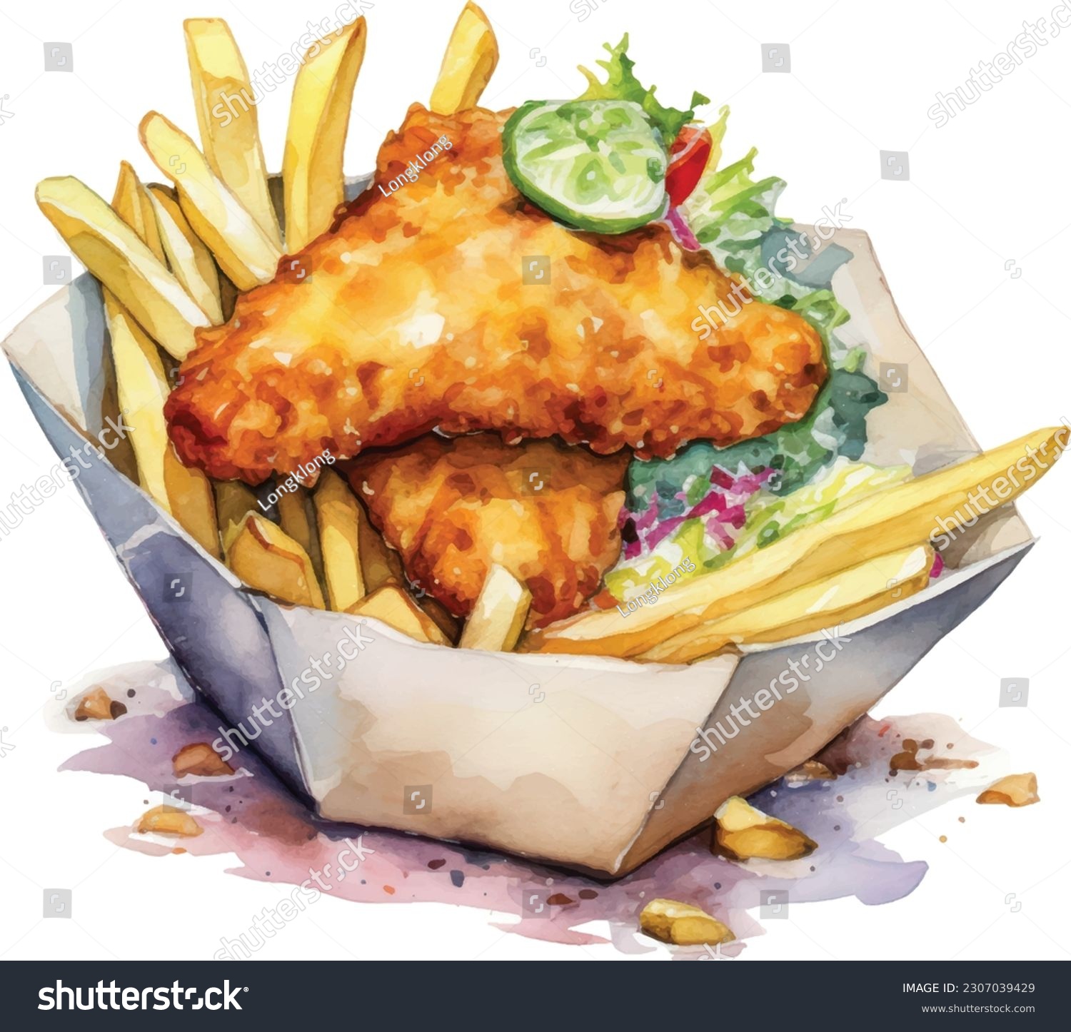 SVG of Fish and chips Watercolor .Traditional British food, paper-wrapped fish and chips with mashed peas. Suitable for restaurant menu design, flyers and cookbook. Illustration watercolor svg