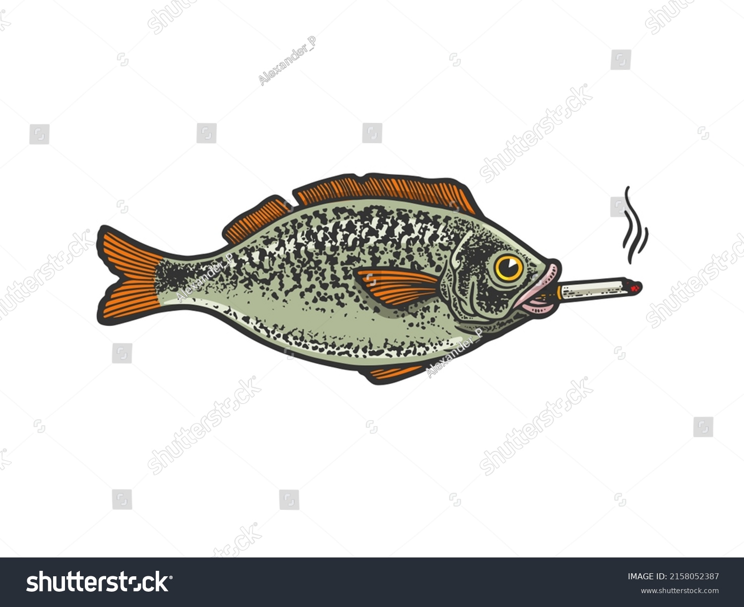 SVG of fish smokes cigarette color sketch engraving vector illustration. T-shirt apparel print design. Scratch board imitation. Black and white hand drawn image. svg