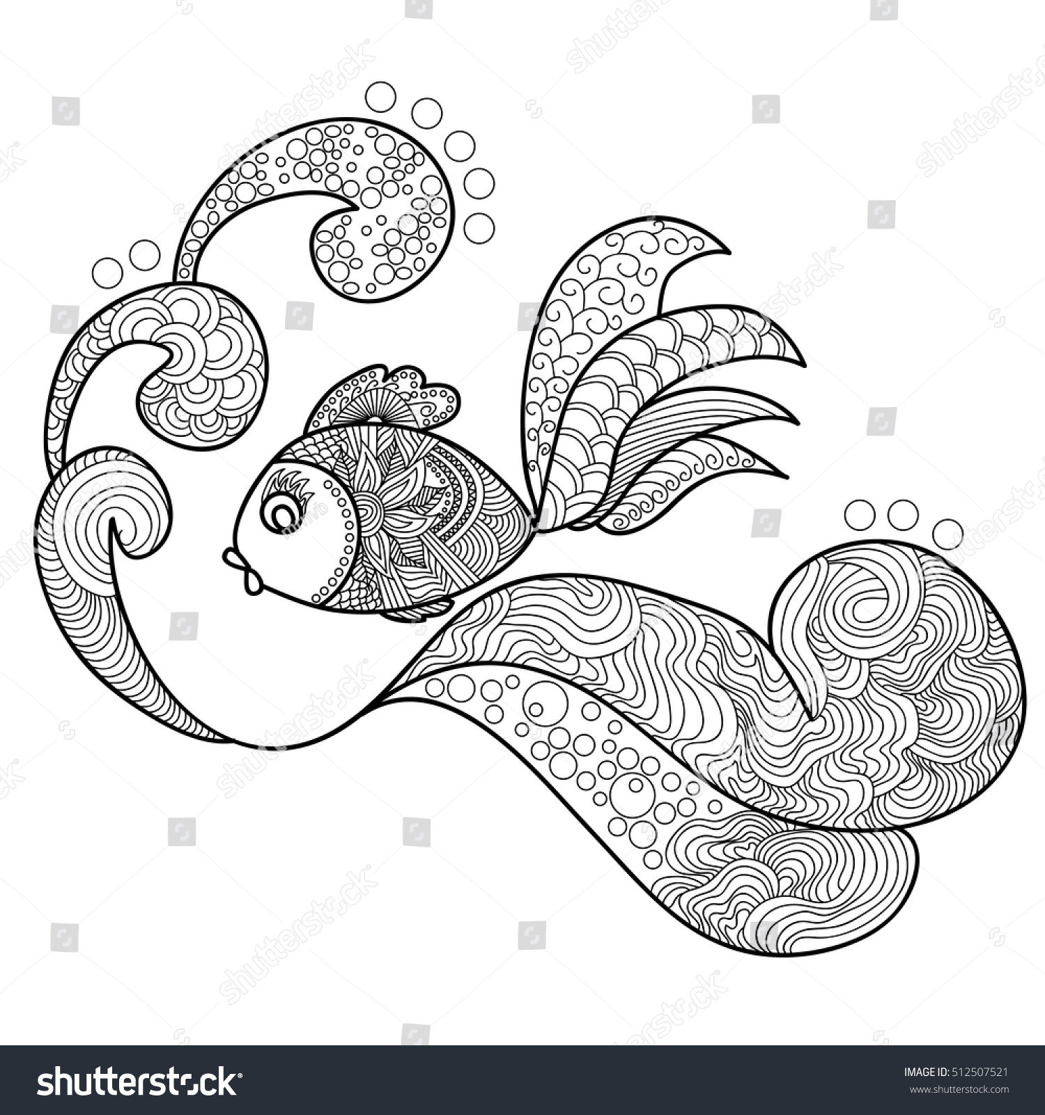 Fish Swimming Over Waves Doodles Art Printing Stock Vector Royalty