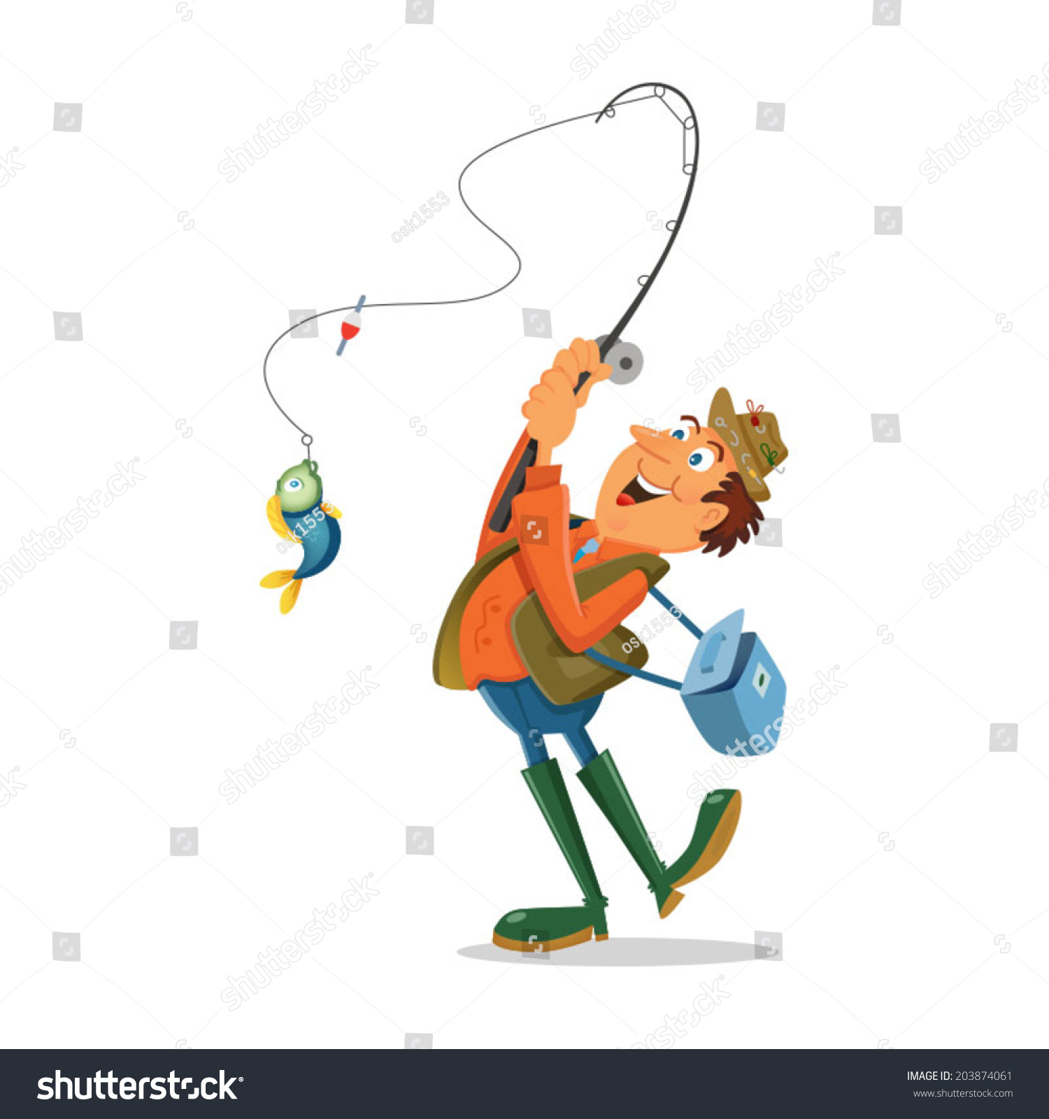 Fisherman Cartoon Character With Fishing Rod And Fish. Stock Vector ...