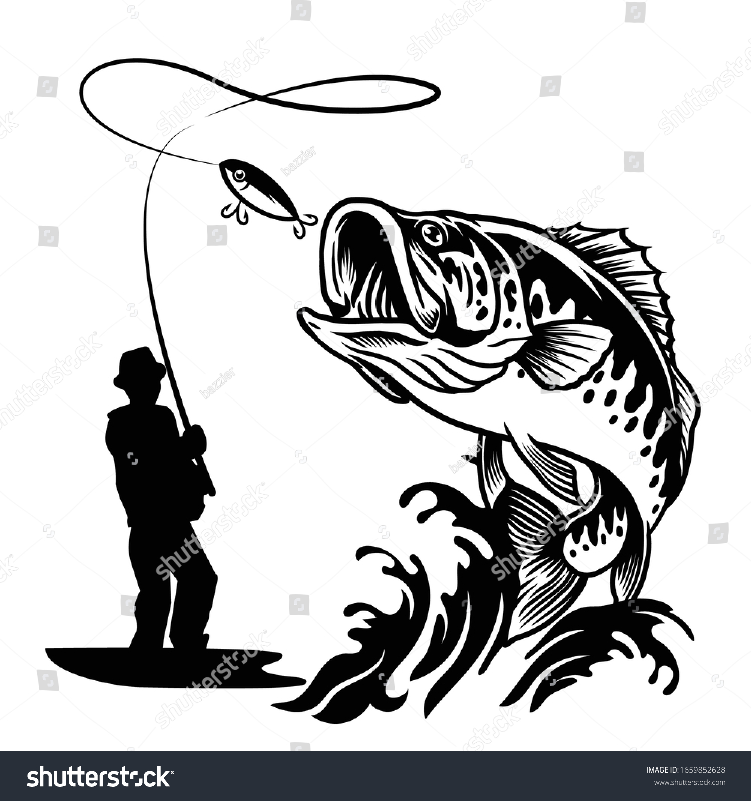 Fisherman Catching Big Largemouth Bass Fish Stock Vector (Royalty Free ...