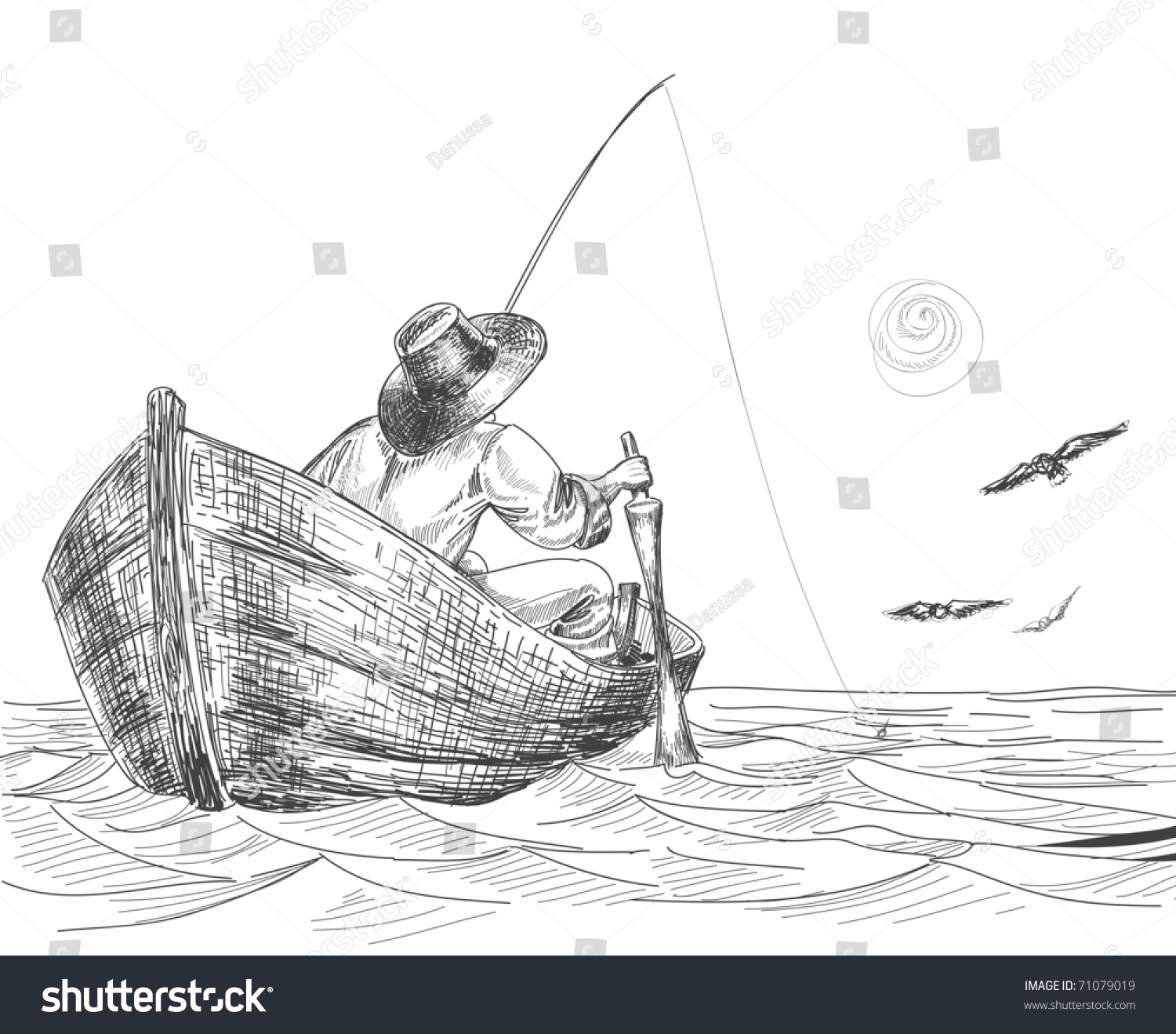 Fisherman Drawing Stock Vector 71079019 - Shutterstock