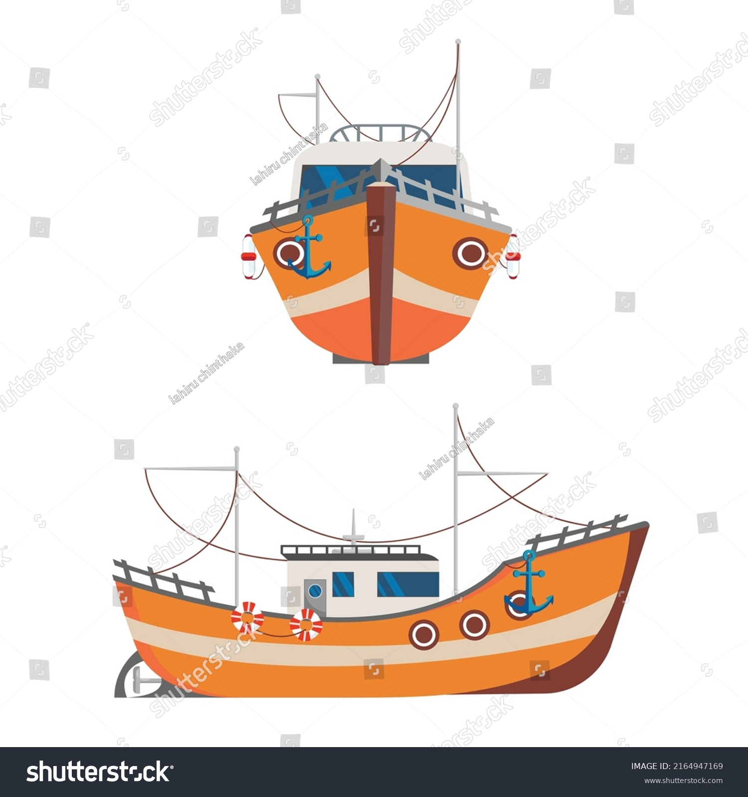 SVG of Fishing boat icons orange front view side view outline svg