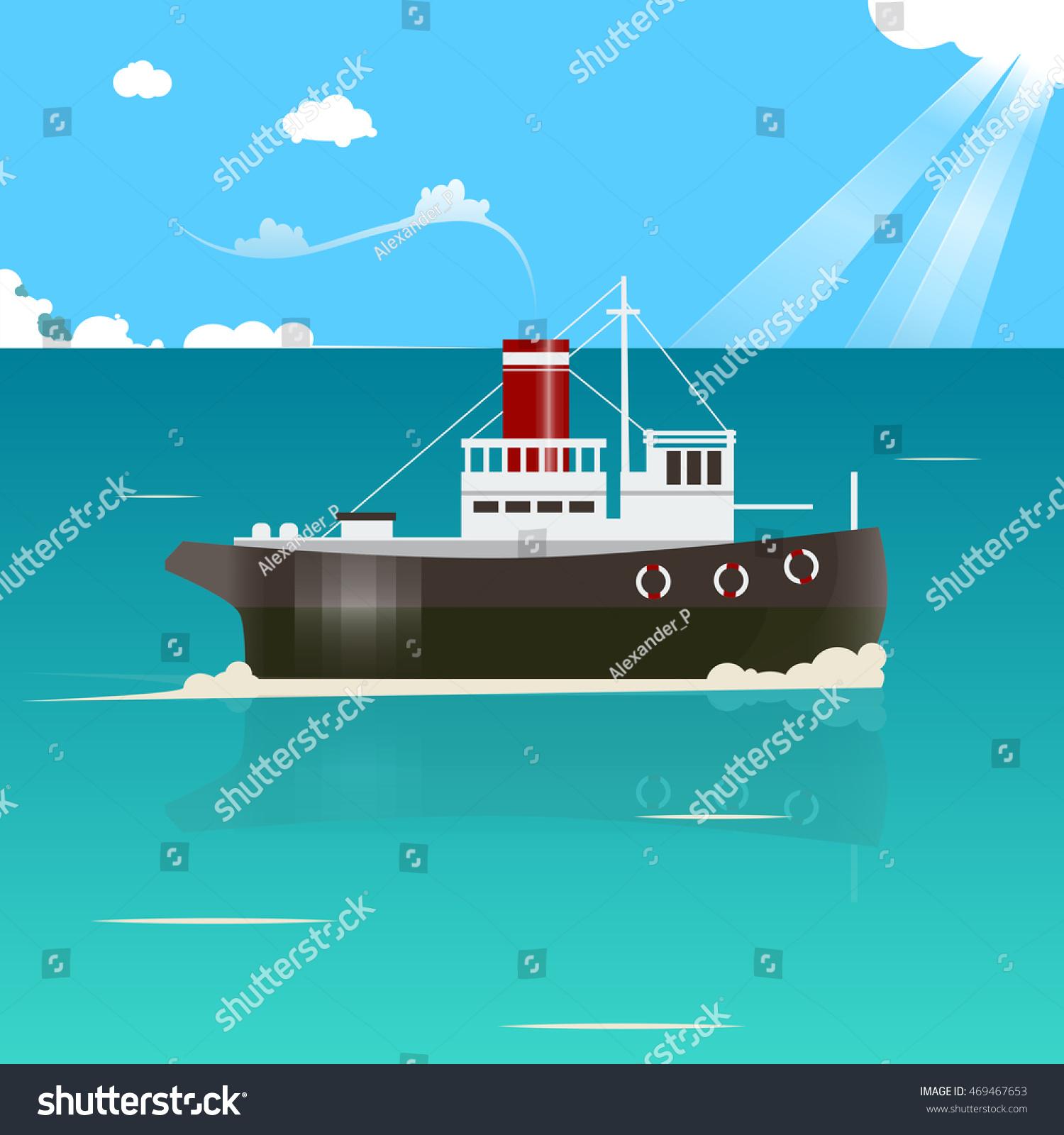 Fishing Boat On Water Cartoon Colorful Stock Vector (Royalty Free ...