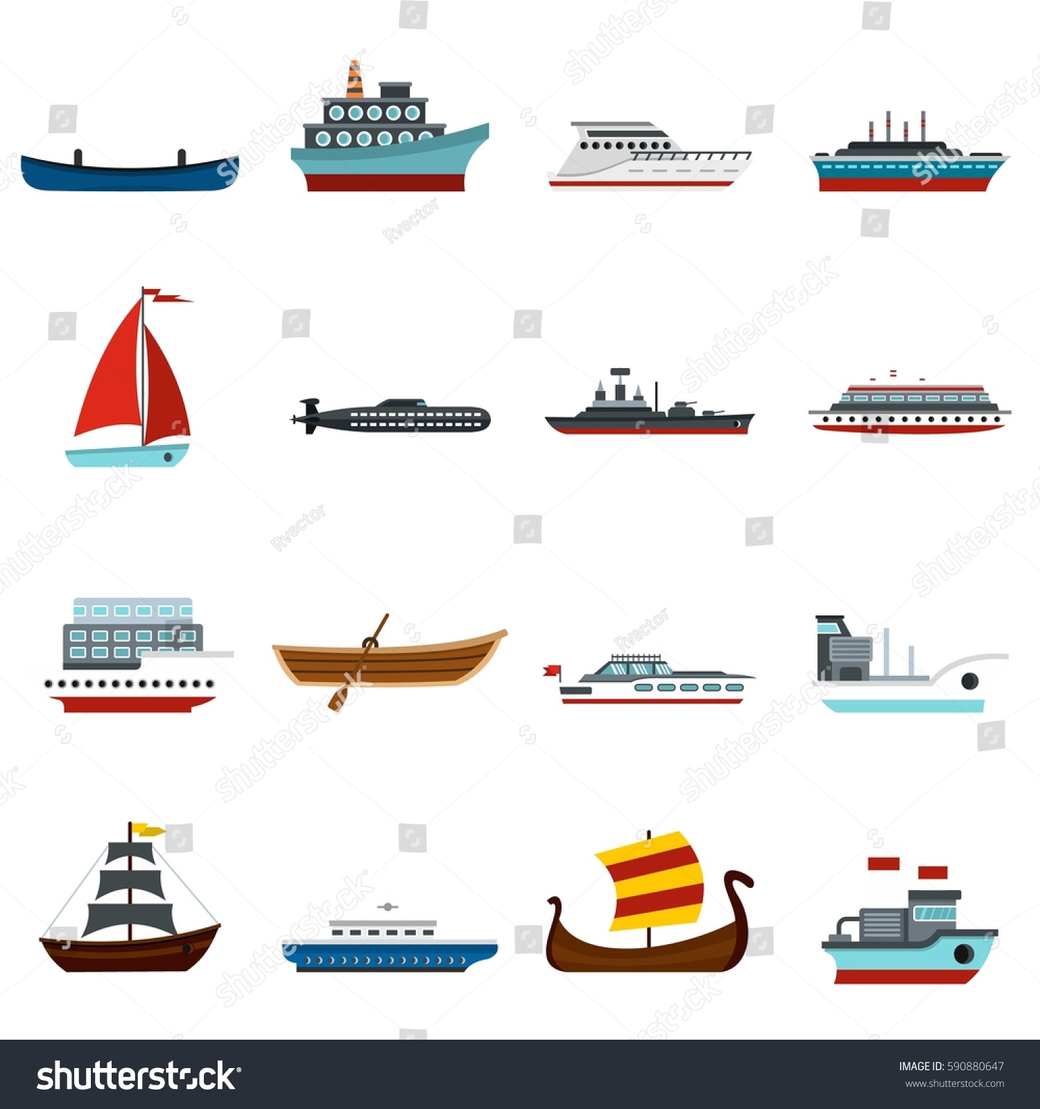 Fishing Boat Set Icons Flat Illustration Stock Vector (Royalty Free