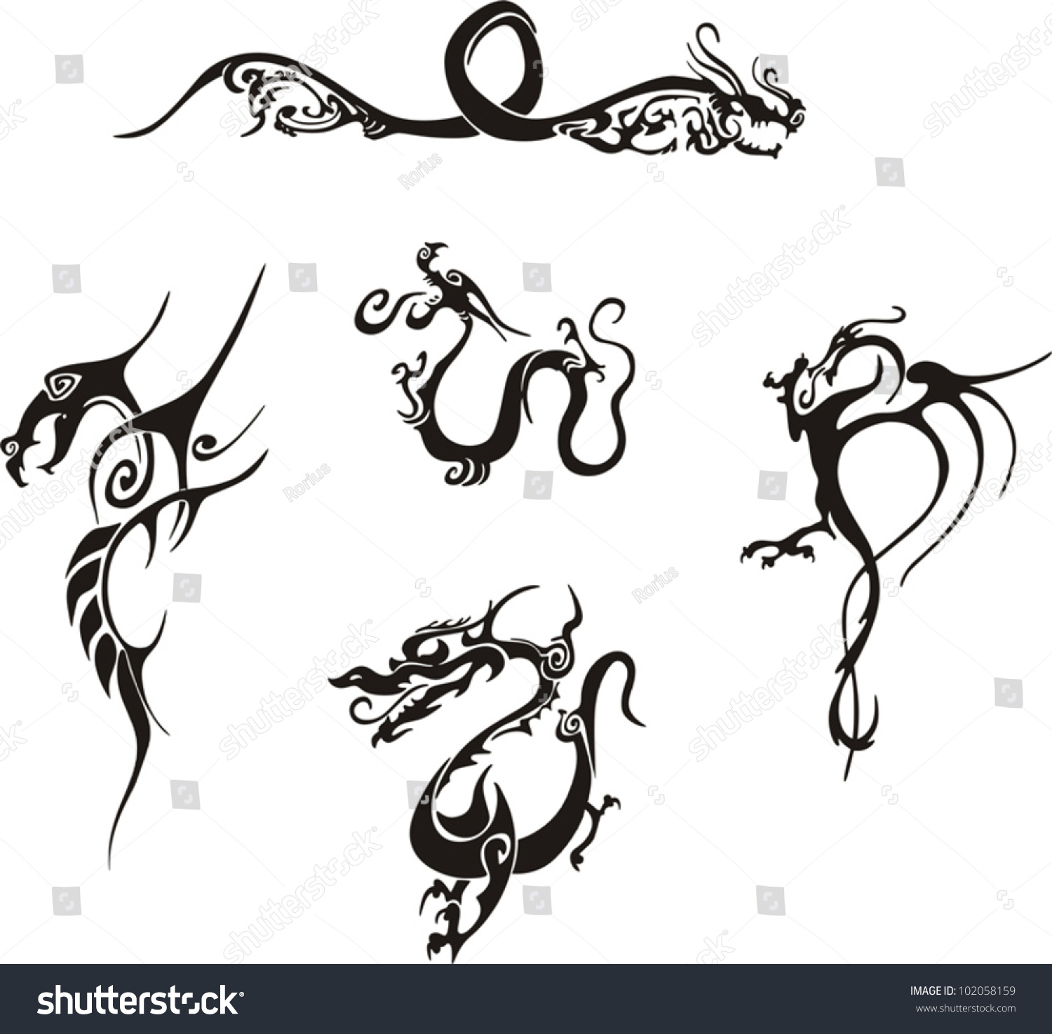 Five Awesome Simple Dragon Tattoo Designs. Vinyl-Ready Eps ...