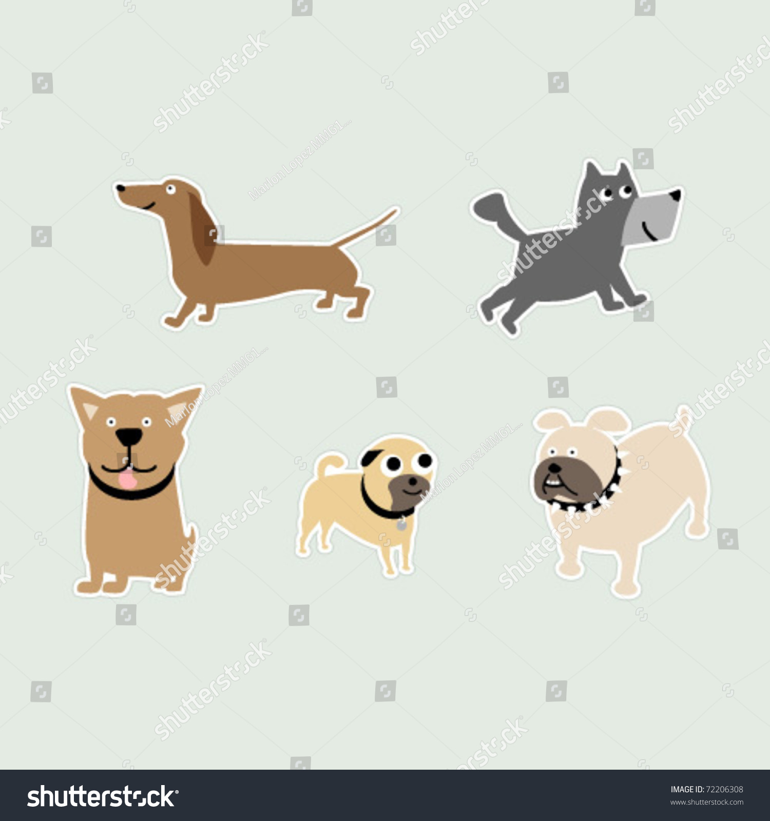 SVG of Five breeds of dogs as stickers; Dachshund, Pit-bull, Bulldog, Pug, and a Terrier. svg