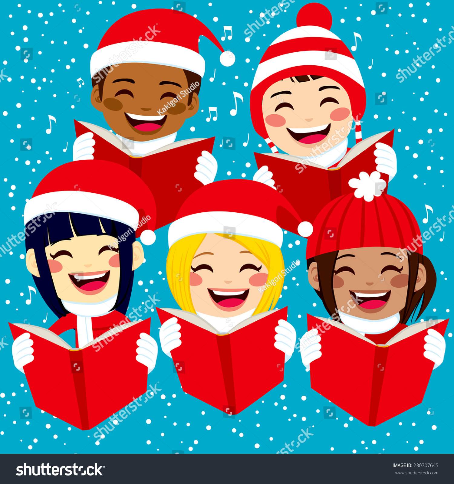 Five Cute Happy Children Singing Christmas Stock Vector 230707645 ...