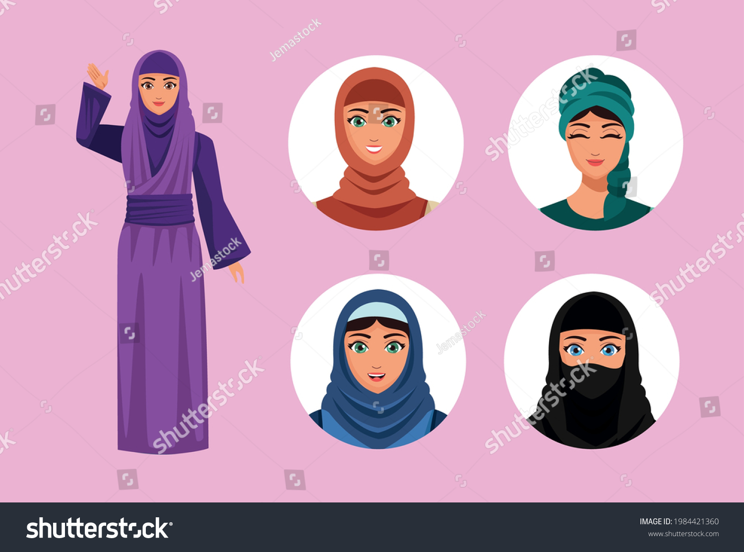 Five Muslim Women Comic Characters Stock Vector (royalty Free 