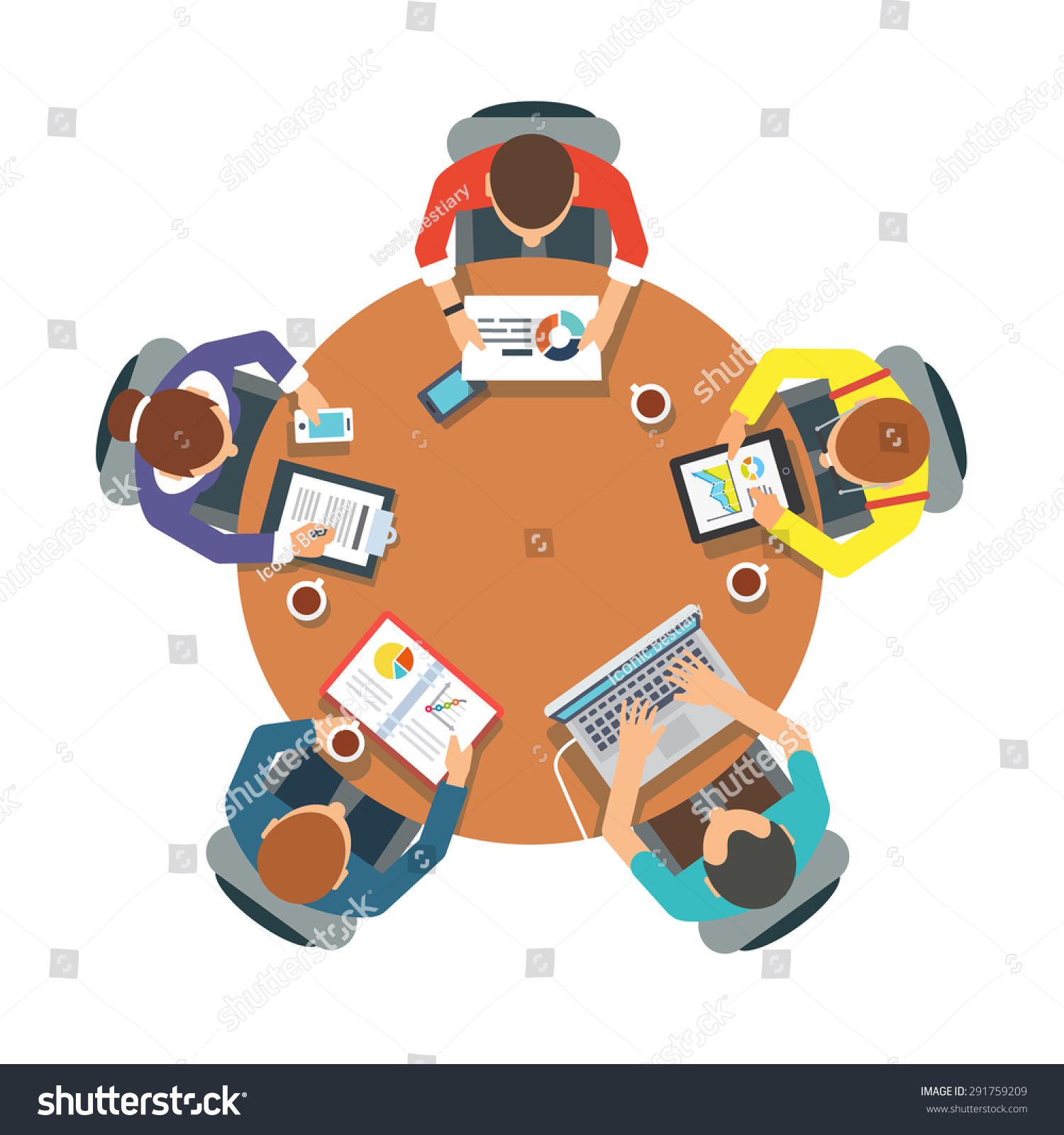 Five People Team Sitting And Working Together At The Round Table ...