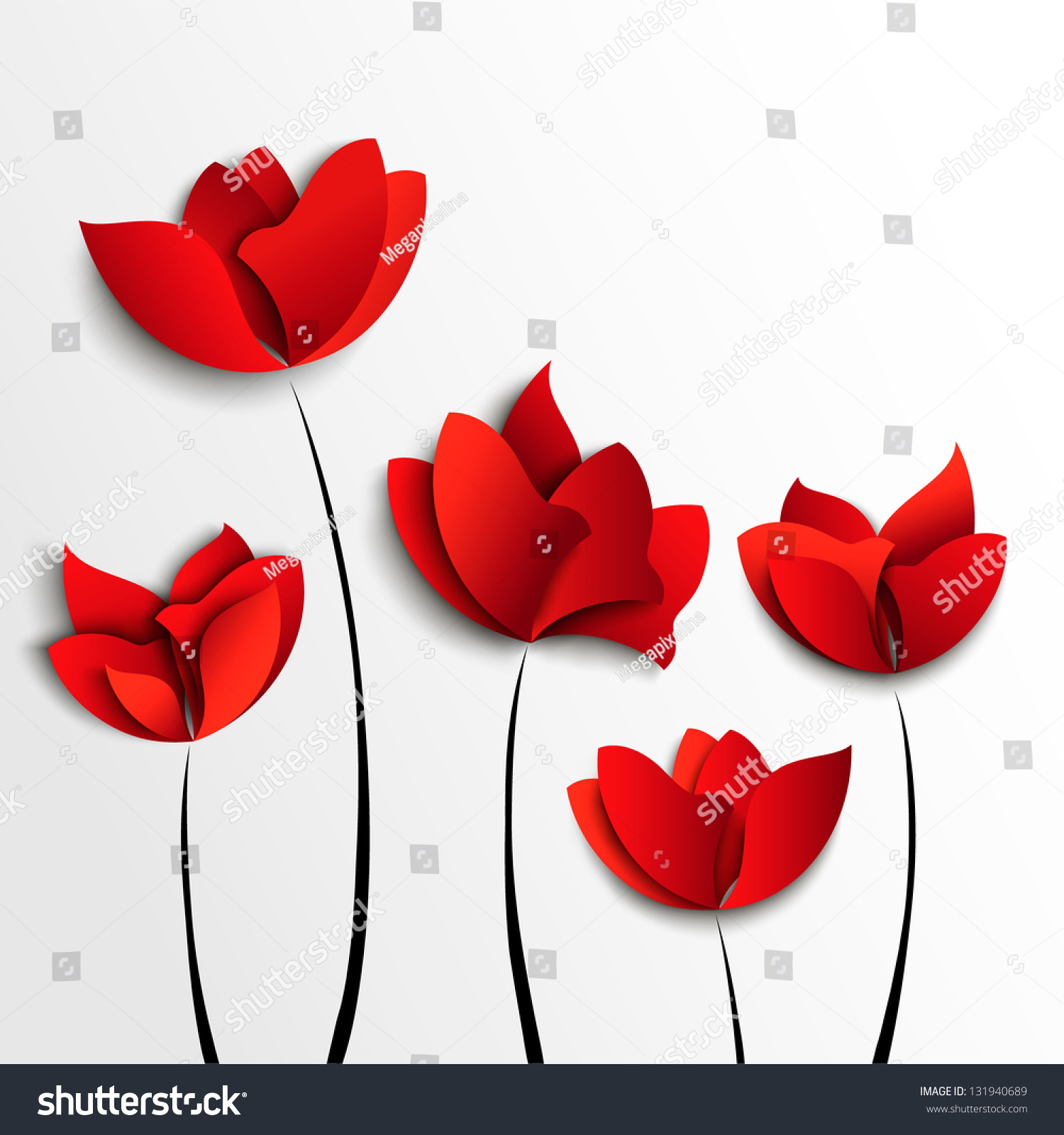 Five Red Paper Flowers On White Stock Vector 131940689 