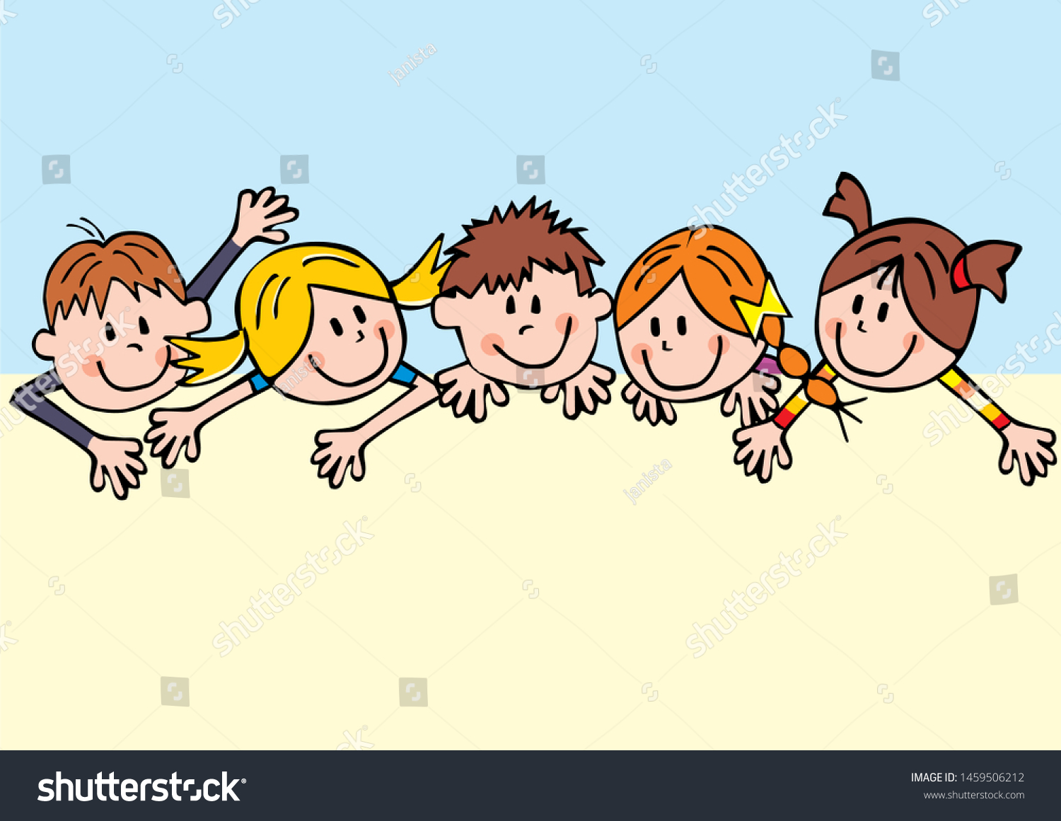 5人の笑顔の子ども おかしなベクターイラスト テンプレート 女の子と男の子のグループ クリエイティブな画像 のベクター画像素材 ロイヤリティフリー