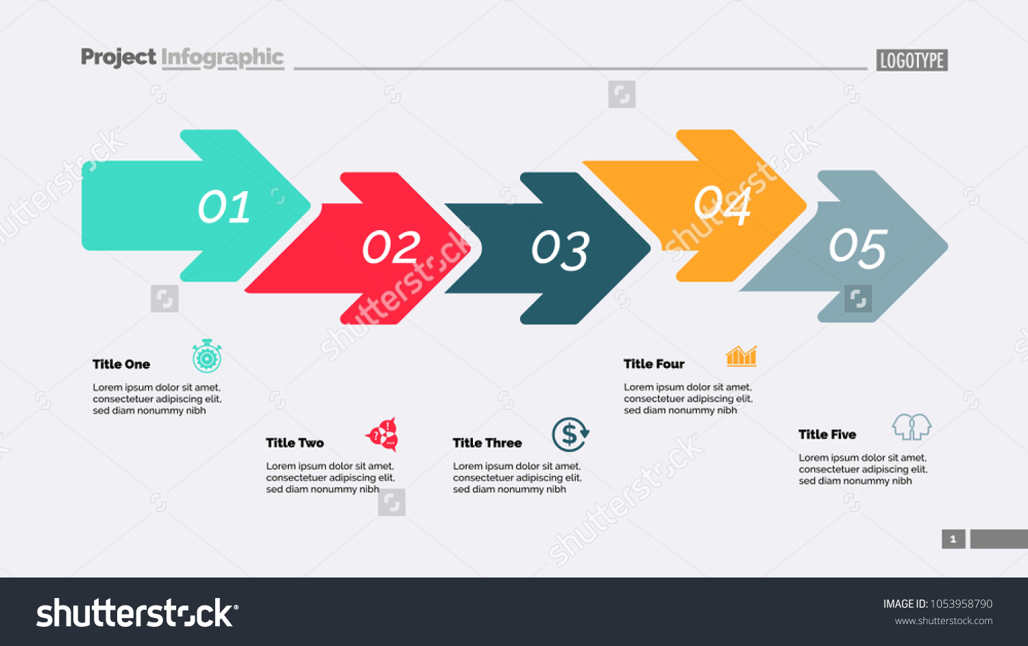 Vektor Stok Five Steps Arrow Chart Process Diagram Tanpa Royalti 1053958790 Shutterstock 3568