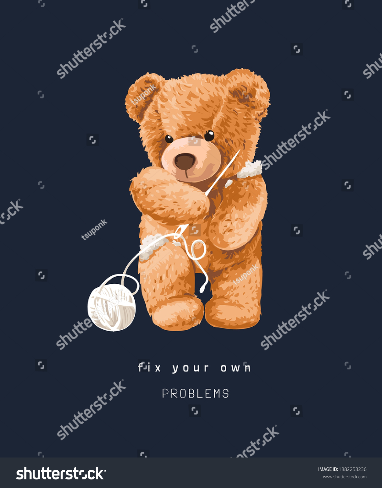 Hakuun Fix Problems Slogan Bear Doll Holding Liittyva Vektorikuva Rojaltivapaa 1882253236