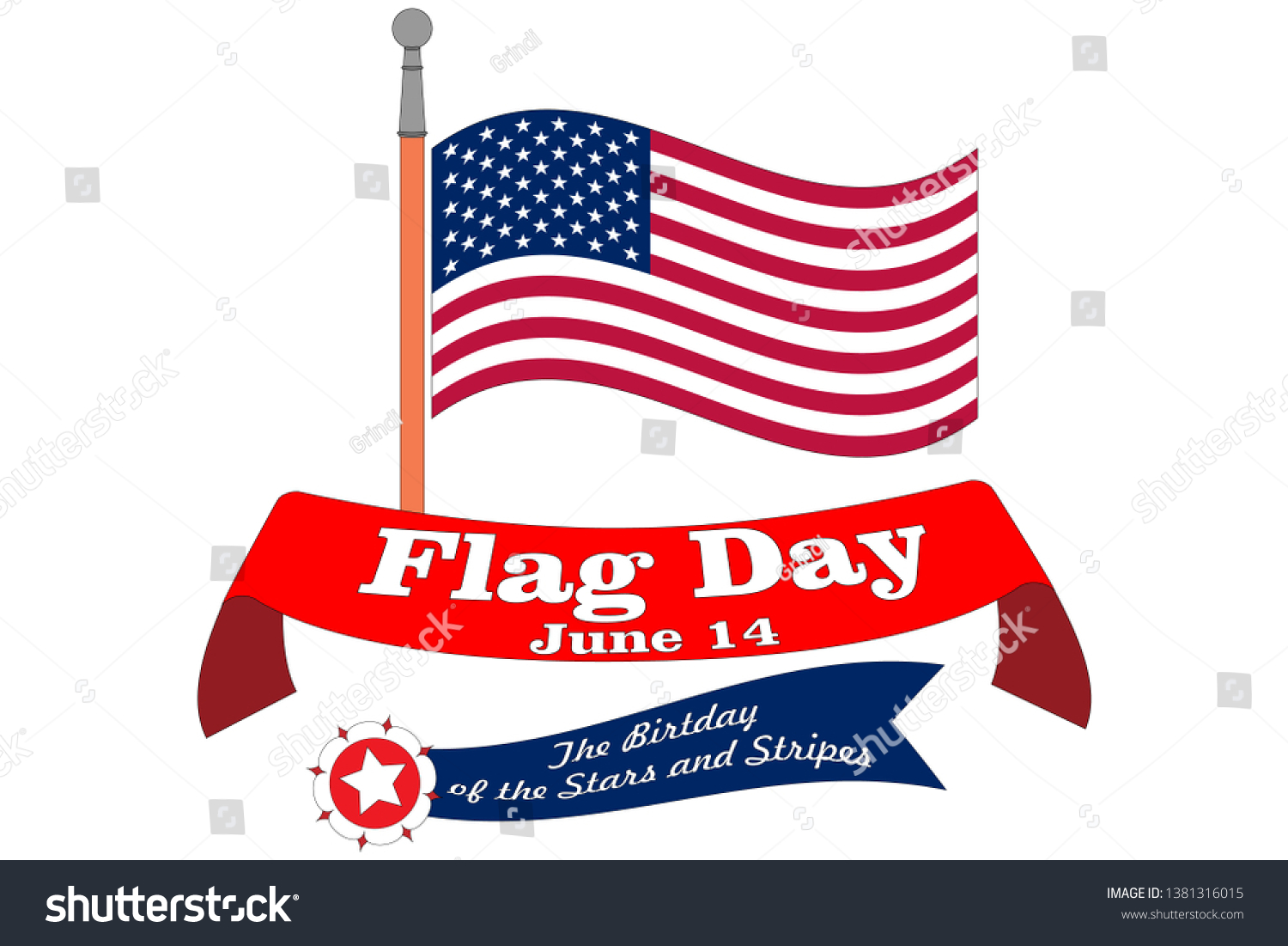 SVG of Flag Day banner. Poster for June 14 Birthday of American Stars and Stripes. Waved USA national symbol on flagstaff with text ribbons and emblems in colours. Traditional signs of independence holiday svg