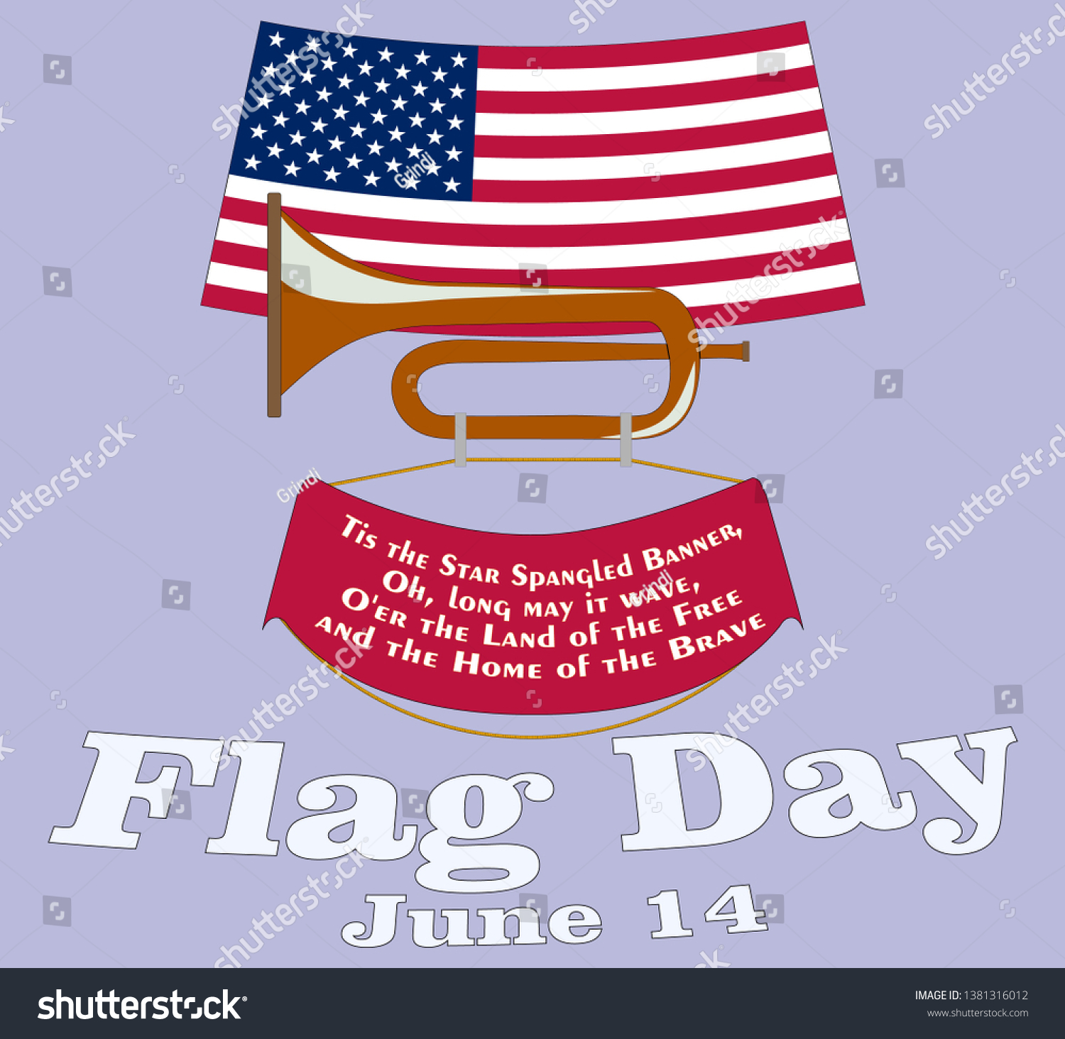 SVG of Flag Day card. Poster for June 14 Birthday of American Stars and Stripes. USA Star-Spangled Banner above vintage cavalry horn with standard and national anthem quotes. Land of Free and Home of Brave svg