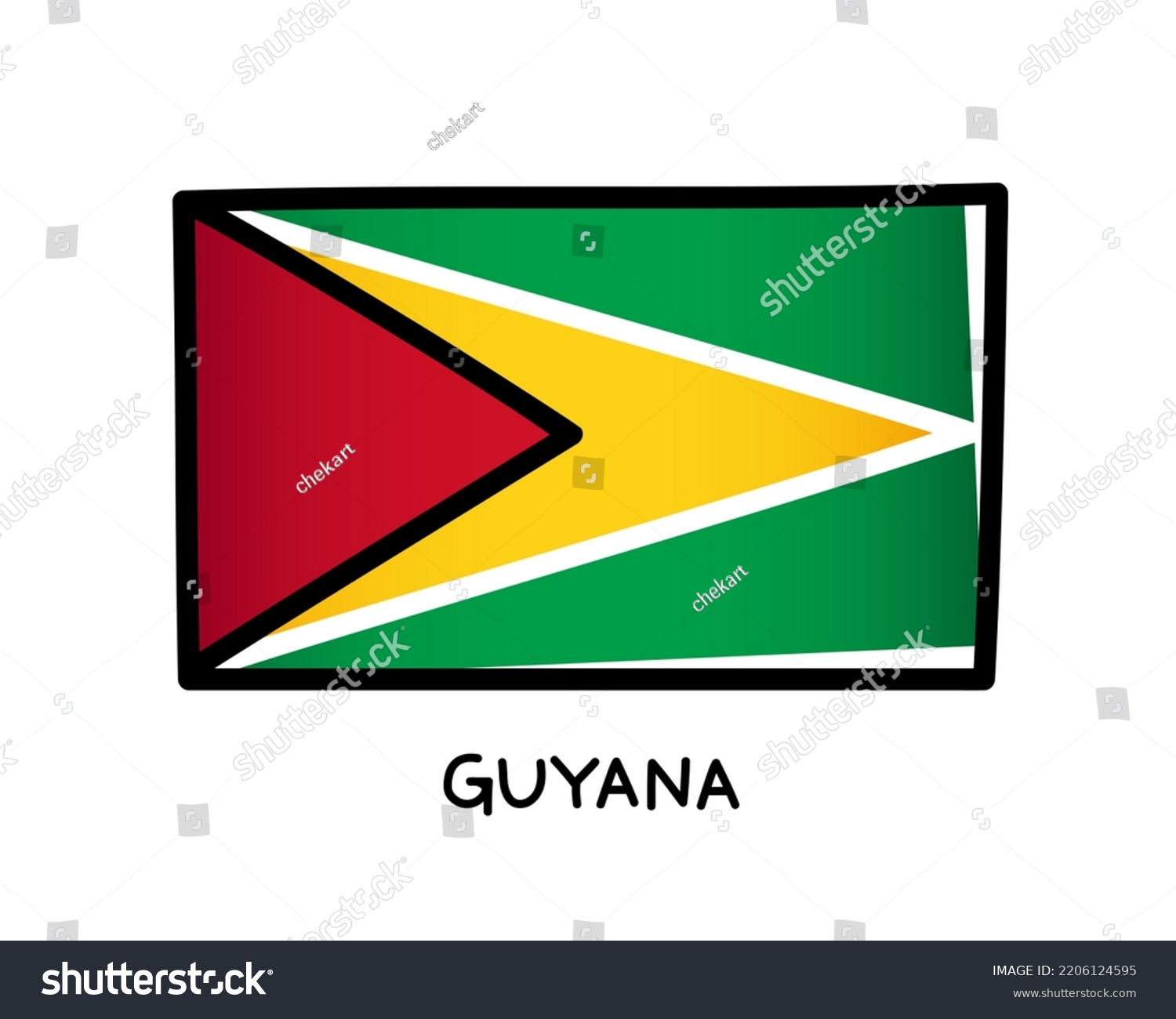 SVG of Flag of Guyana. Colorful Guyanese flag logo. Green, white, black, red and yellow hand-drawn brush strokes. Black outline. Vector illustration isolated on white background. svg