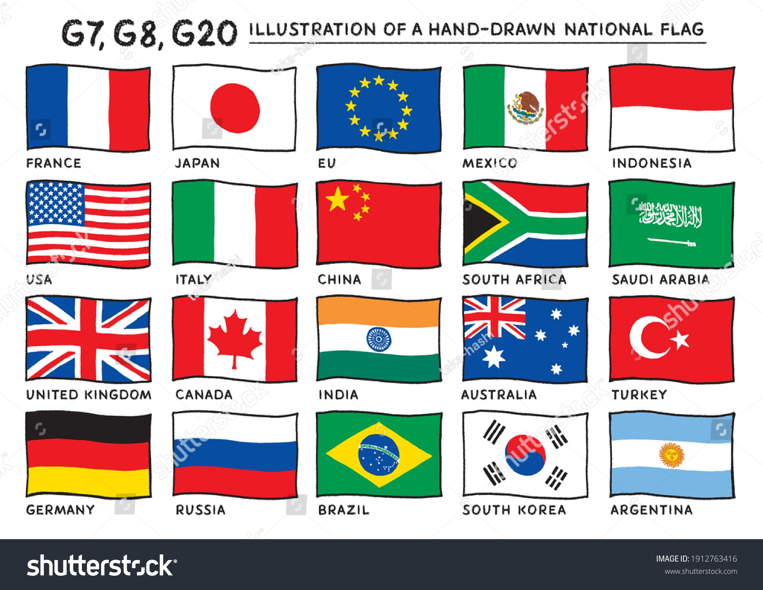 Vektor Stok Flags G20 Member Countries Flags Handdrawn Tanpa Royalti 1912763416 Shutterstock 0937