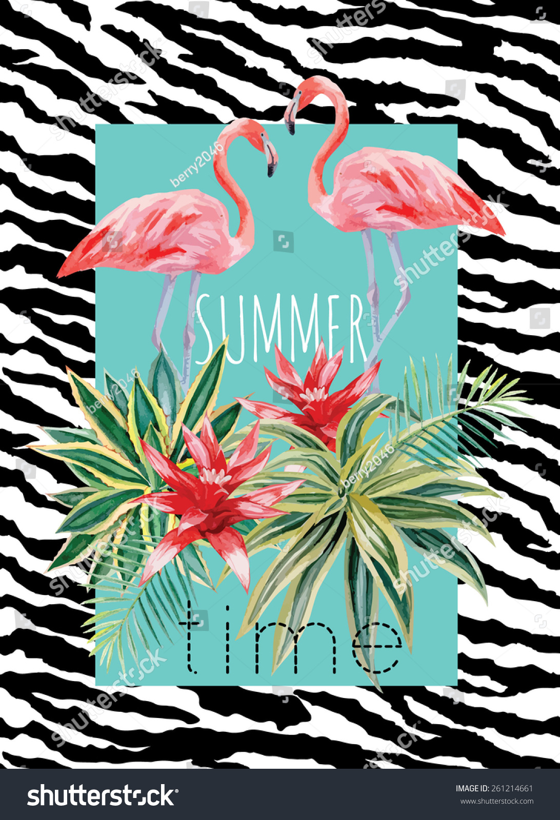 Flamingo And Tropical Plants Watercolor Summer Illustration - 261214661 ...