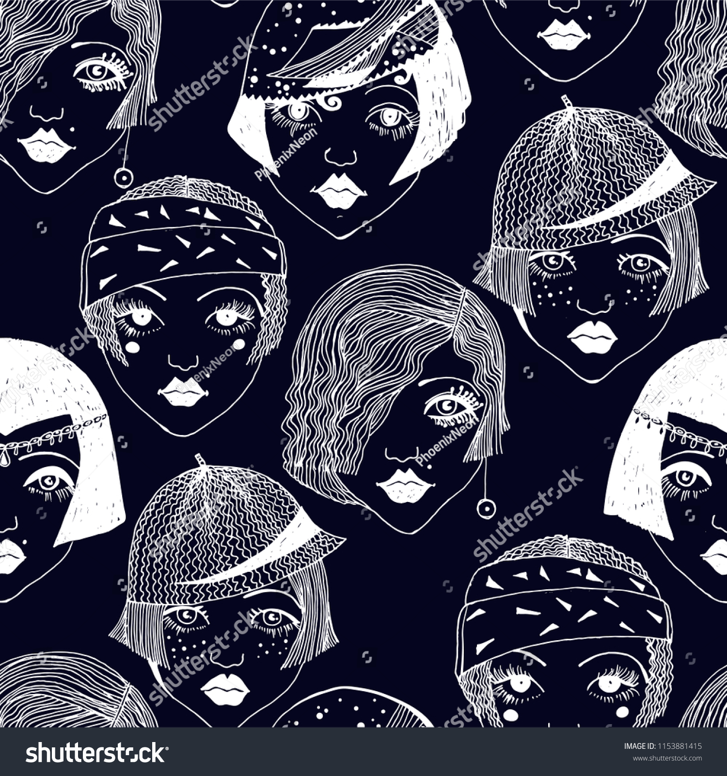 Flapper Girls Seamless Pattern Background Face Stock Vector