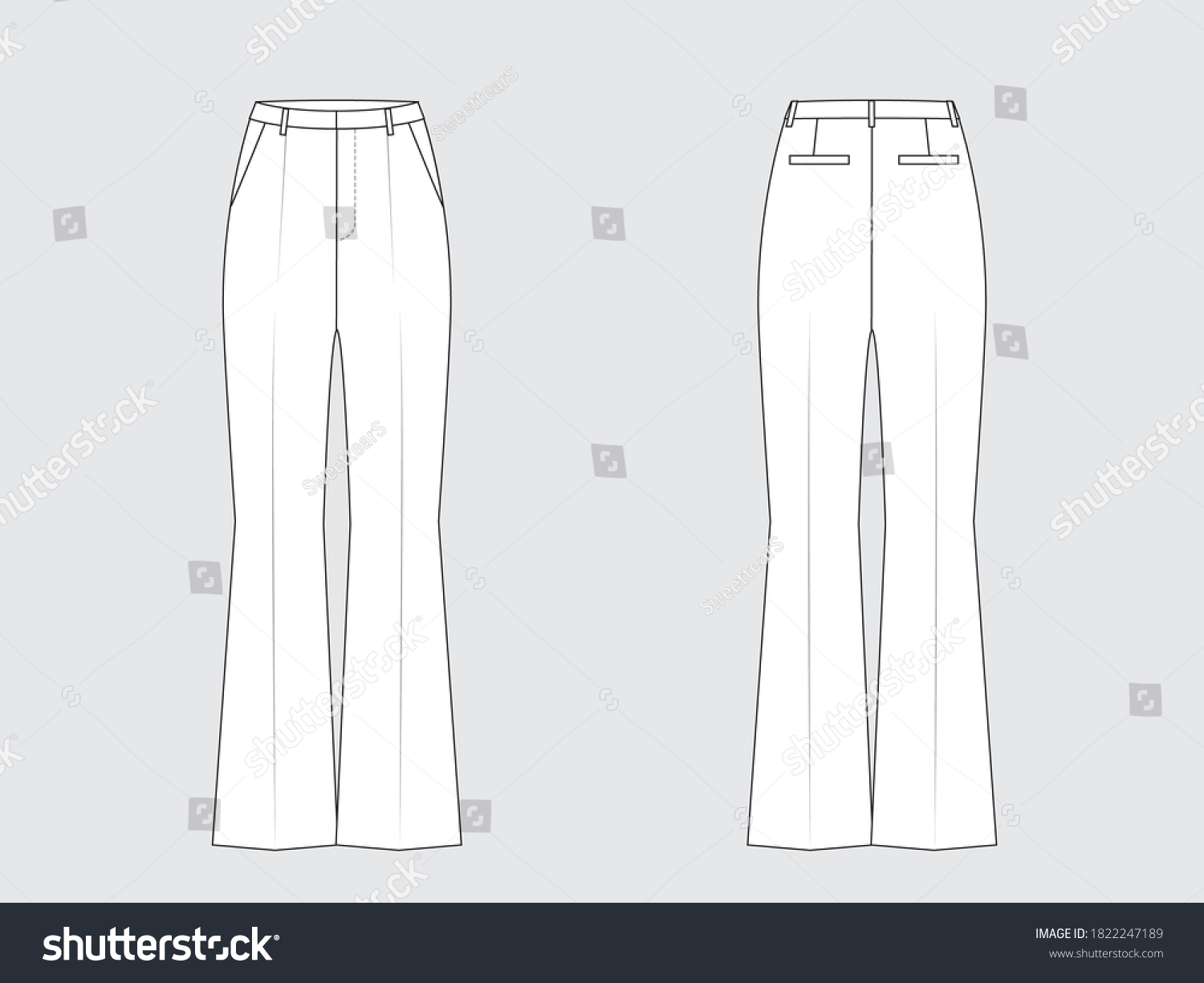 Flared Pants Front Back Drawing Flat Stock Vector (Royalty Free ...