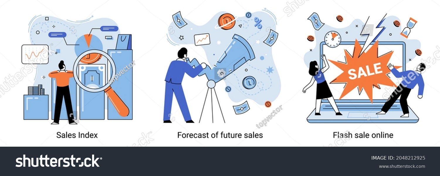 SVG of Flash sale online, sales index, forecast of future sales, special offer, e-commerce shop promotion, business statistics, performance. Retail profit plan, profit analysis abstract concept vector set svg