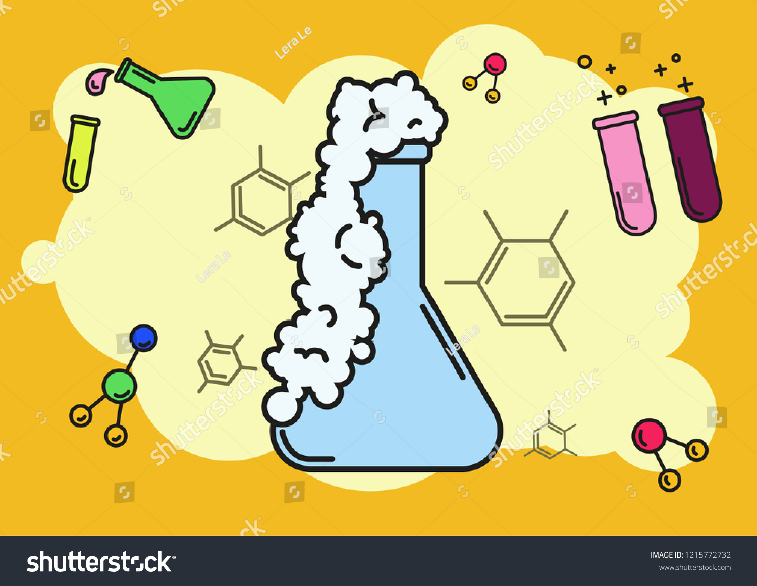 Download Flasks Chemical Reactions Atoms On Yellow Stock Vector Royalty Free 1215772732 PSD Mockup Templates