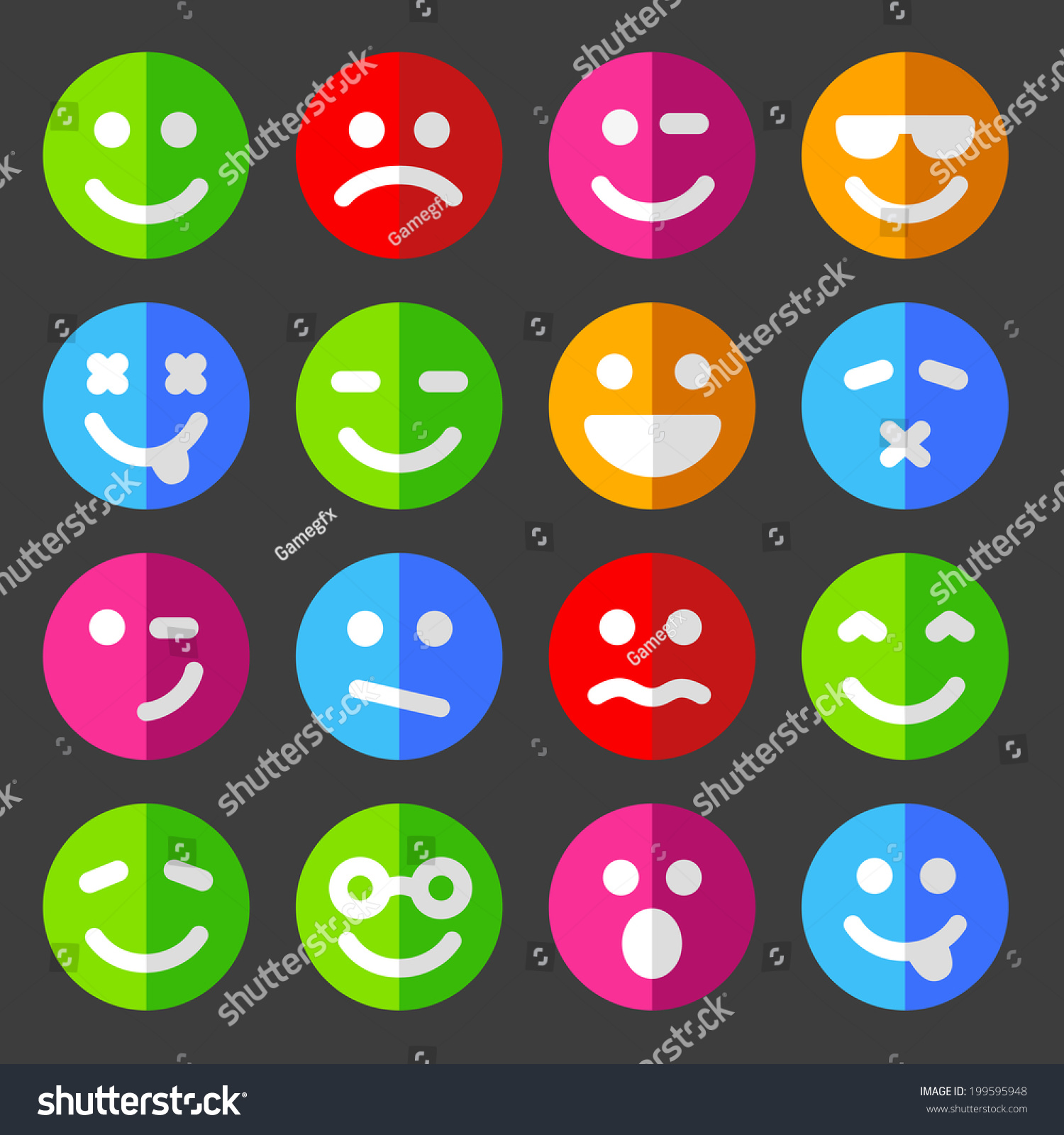 Flat And Round Vector Emotion Icons With Smiley Faces - 199595948 ...