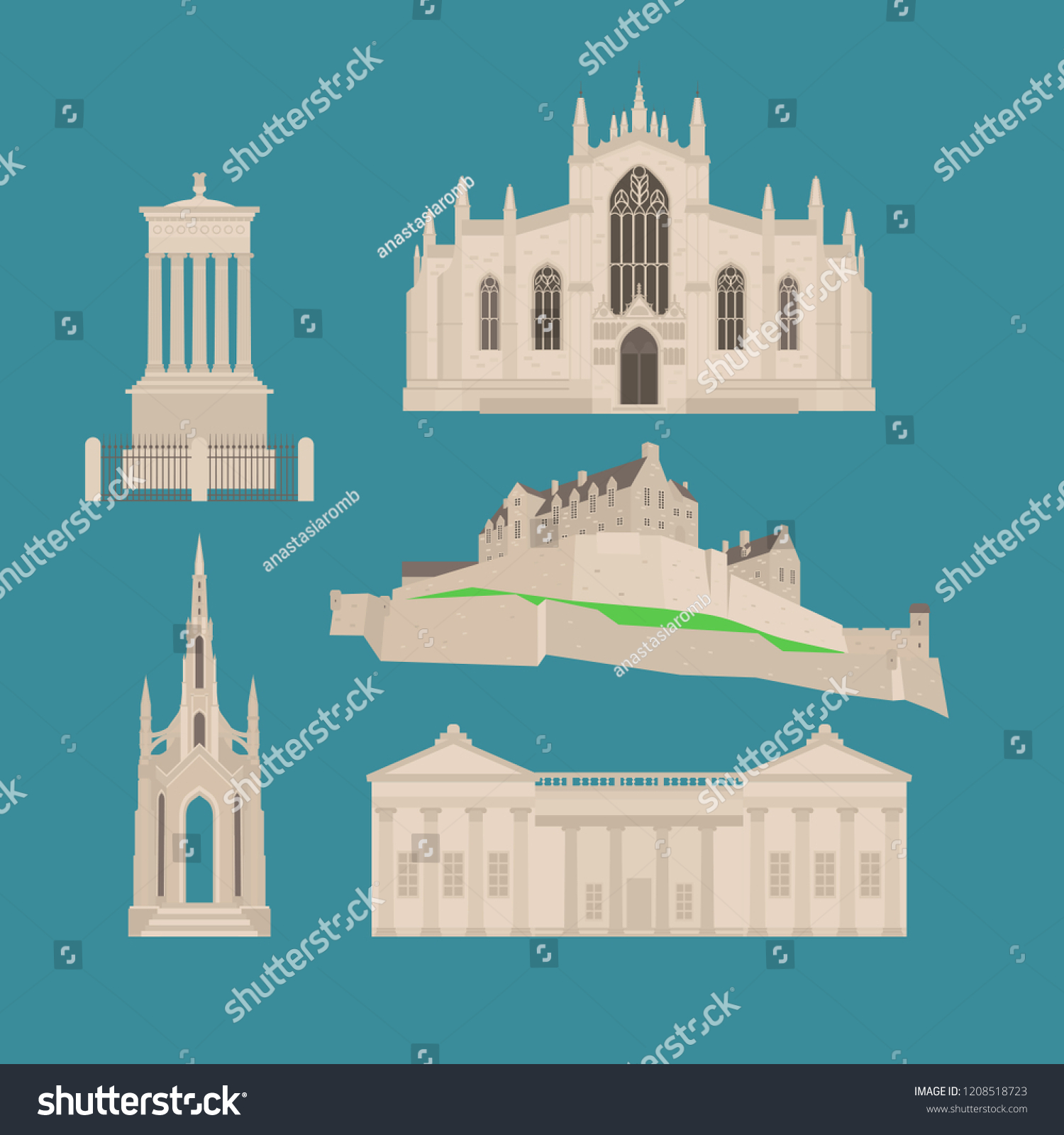 SVG of Flat building in Scotland, United Kingdom. Sightseeing and landmark. Architecture of Great Britain. St Giles Cathedral and Edinburgh Castle. Dugald Stewart, Scott Walter Monument vector illustration svg