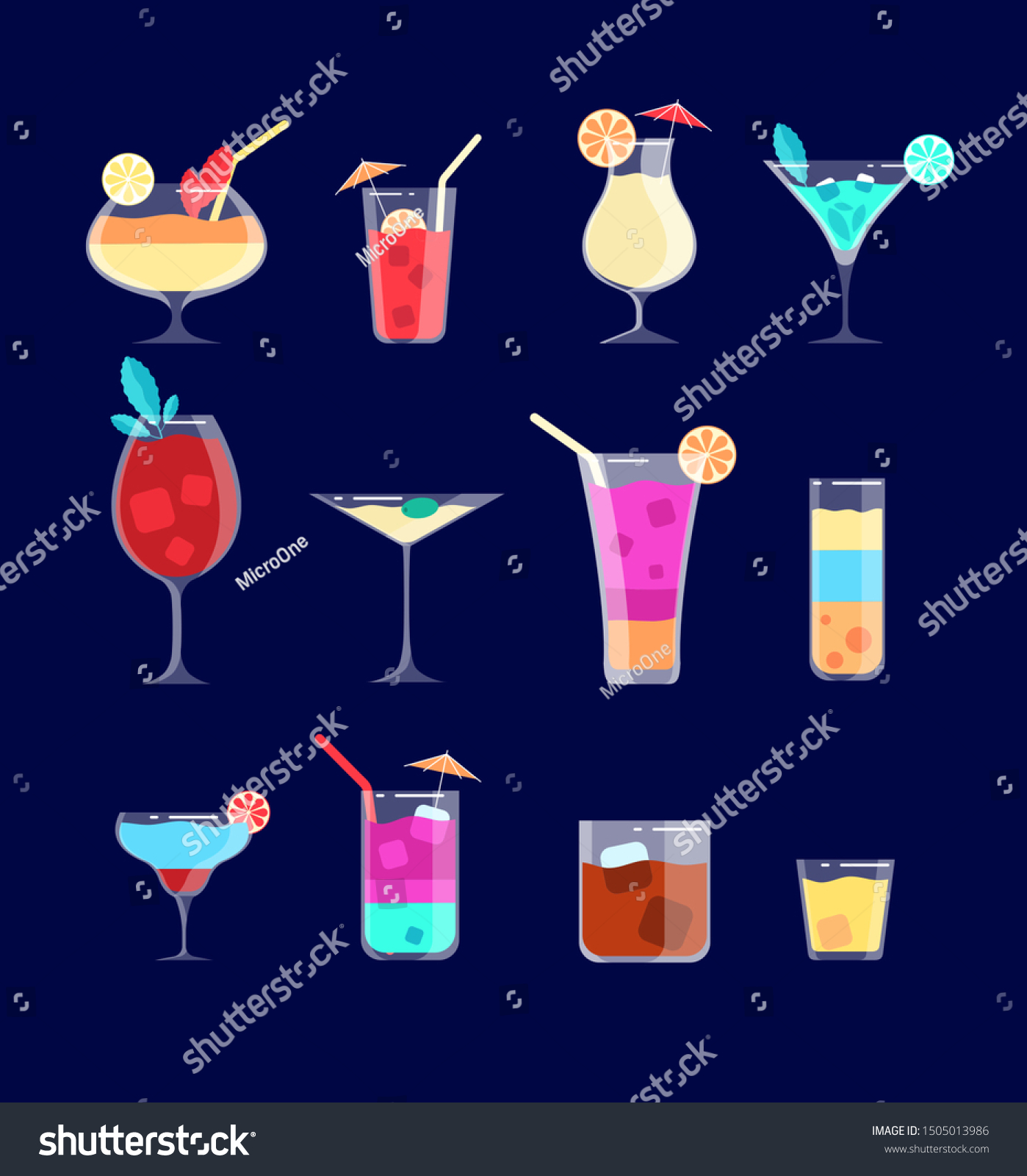 SVG of Flat cocktails. Alcohol drinks in glasses with straw. Margarita, whiskey and gin tonic, pina colada cocktail vector isolated set svg