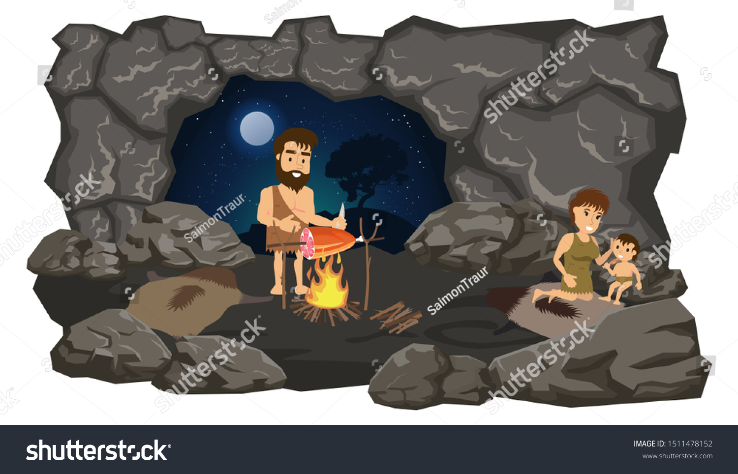 SVG of flat composition Primitive people in the cave. Vector stock illustration, flat design style. Isolated on a white background. svg