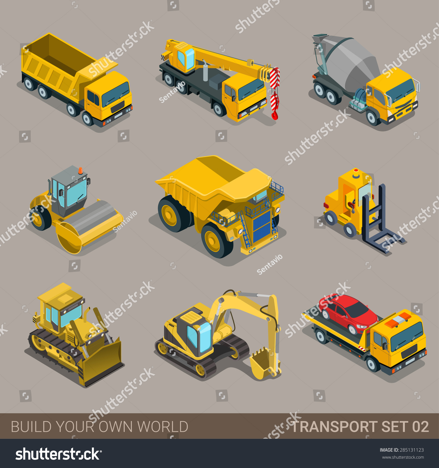 SVG of Flat 3d isometric city construction transport icon set. Excavator crane grader concrete cement mixer roller pit dump truck loader tow wrecker truck. Build your own world web infographic collection. svg