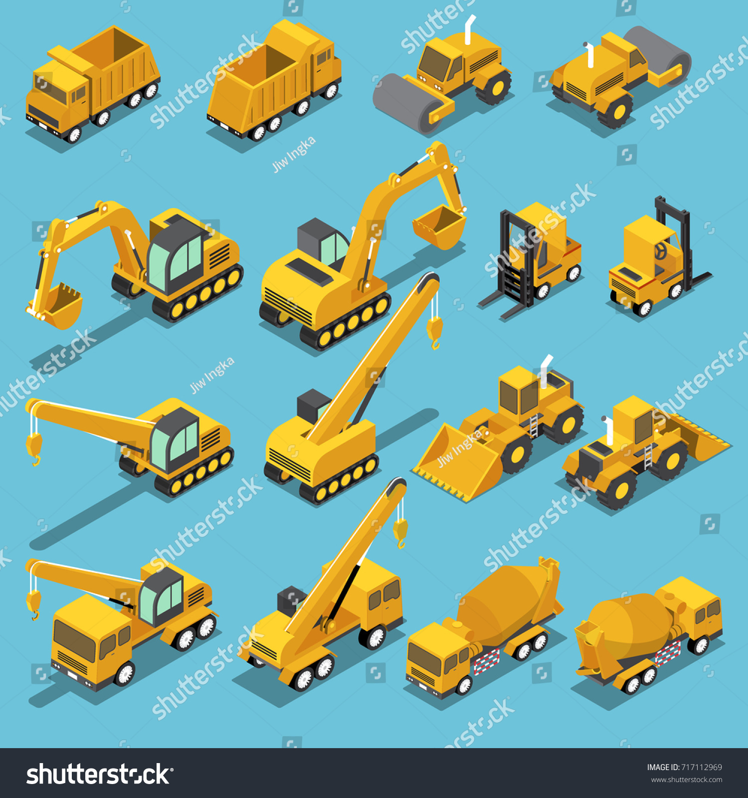 SVG of Flat 3d isometric construction transport icon set include excavator, crane grader, cement mixer truck, road roller, forklift, bulldozer svg