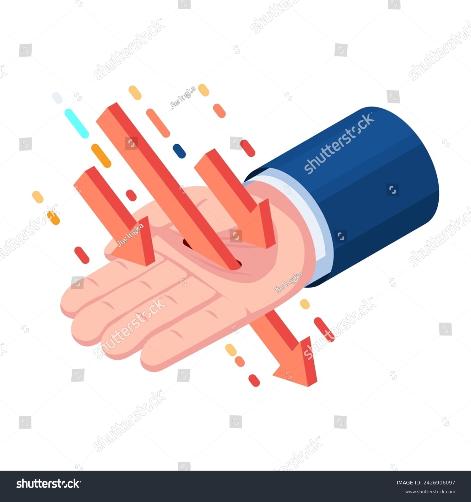 SVG of Flat 3d Isometric Falling Arrow Piercing Through Businessman Hand. Investment Risk and Downtrend Stock Market Concept. svg