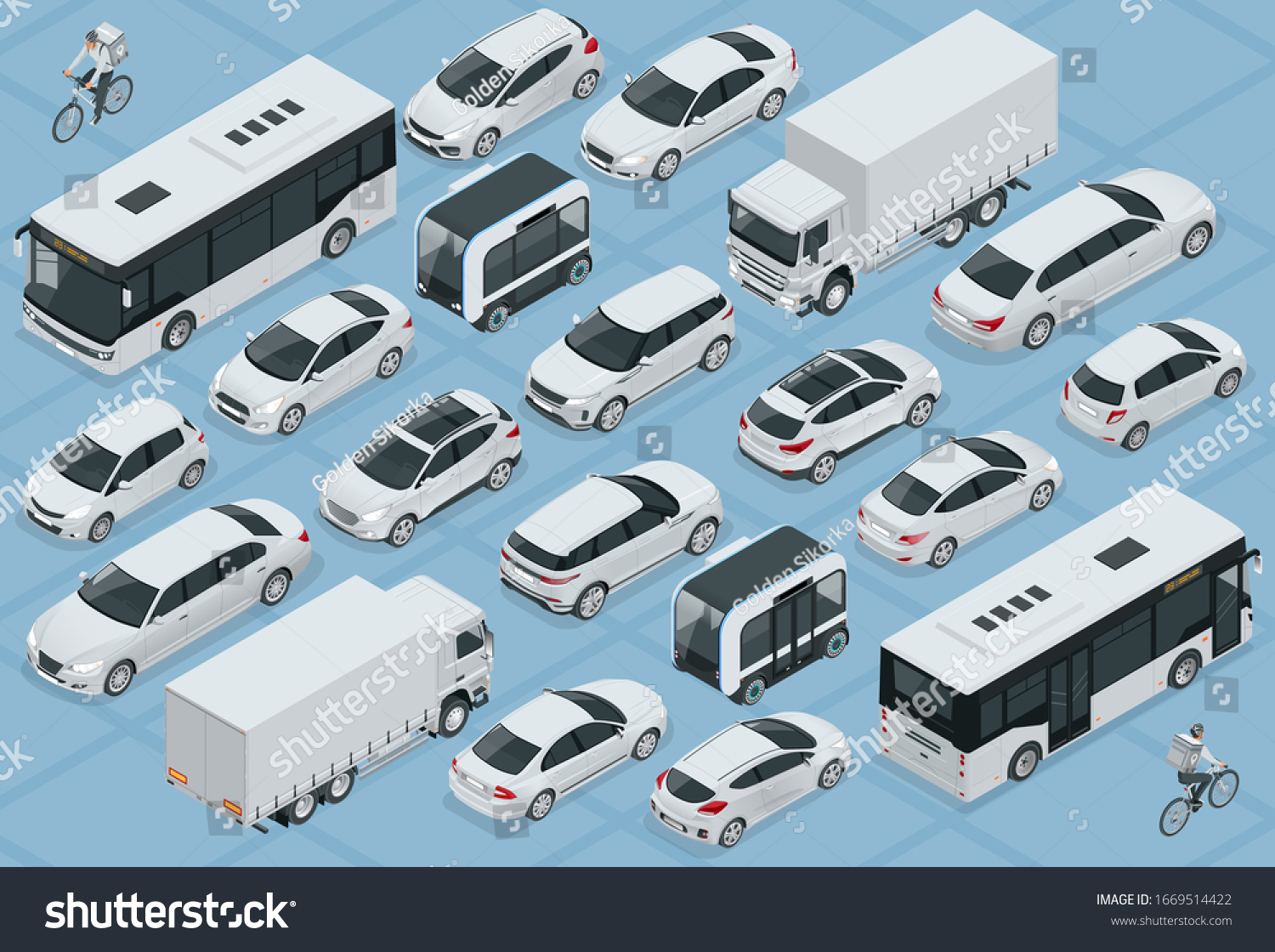 SVG of Flat 3d isometric high quality city transport car icon set. Bus, bicycle courier, Sedan, van, cargo truck, off-road, bike, mini and sport cars. Urban public and freight vehihle svg