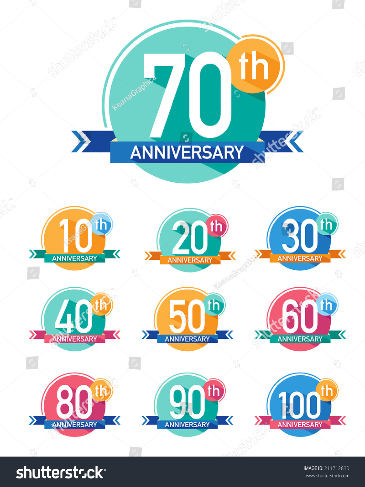 Flat Design Anniversary Emblems. Set Of Anniversary Icons With Long ...