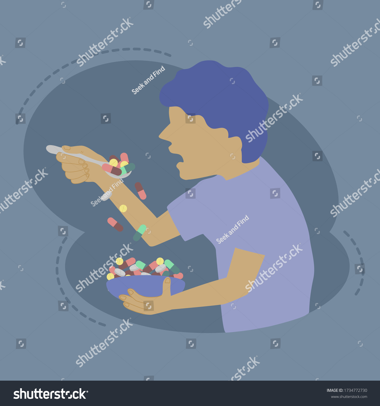 SVG of flat design illustration man eating a lot of medical pills. Concept for awareness of over usage of drugs and irrational use of medicines such as inappropriate self-medication. svg