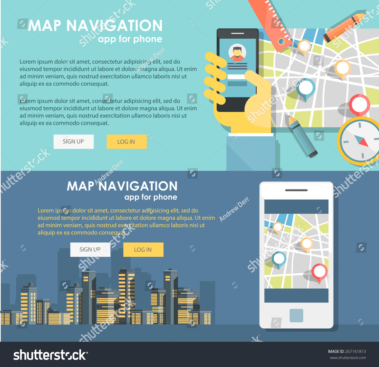 Flat Design Illustration Map Navigation App. Concepts Web Banner ...