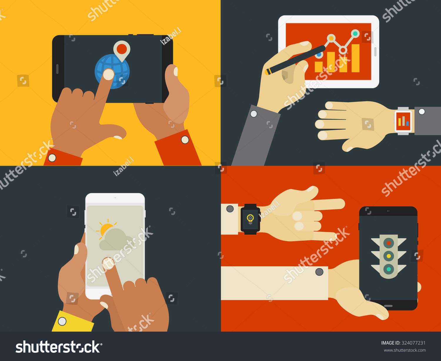 SVG of Flat design illustrations with hands holding mobile devices, smartphones, tablets and smart-watches svg