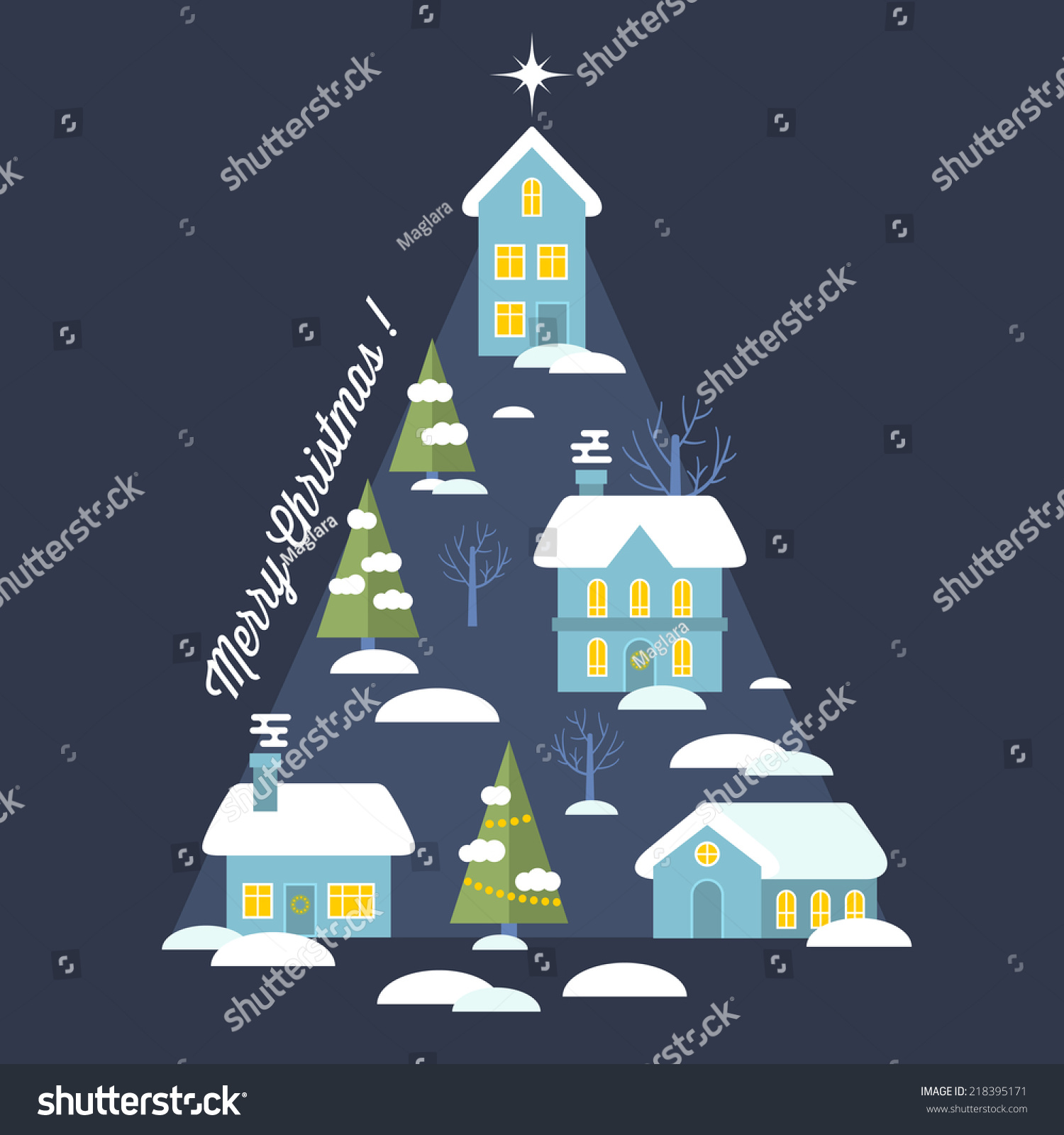 merry christmas and happy new year card church and green tree under snow christianity and Catholic winter city cathedral vector illustration