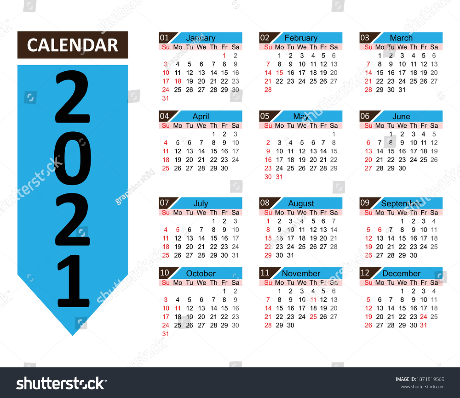 Flat Design New Year 2021 Calendar Stock Vector Royalty Free 1871819569