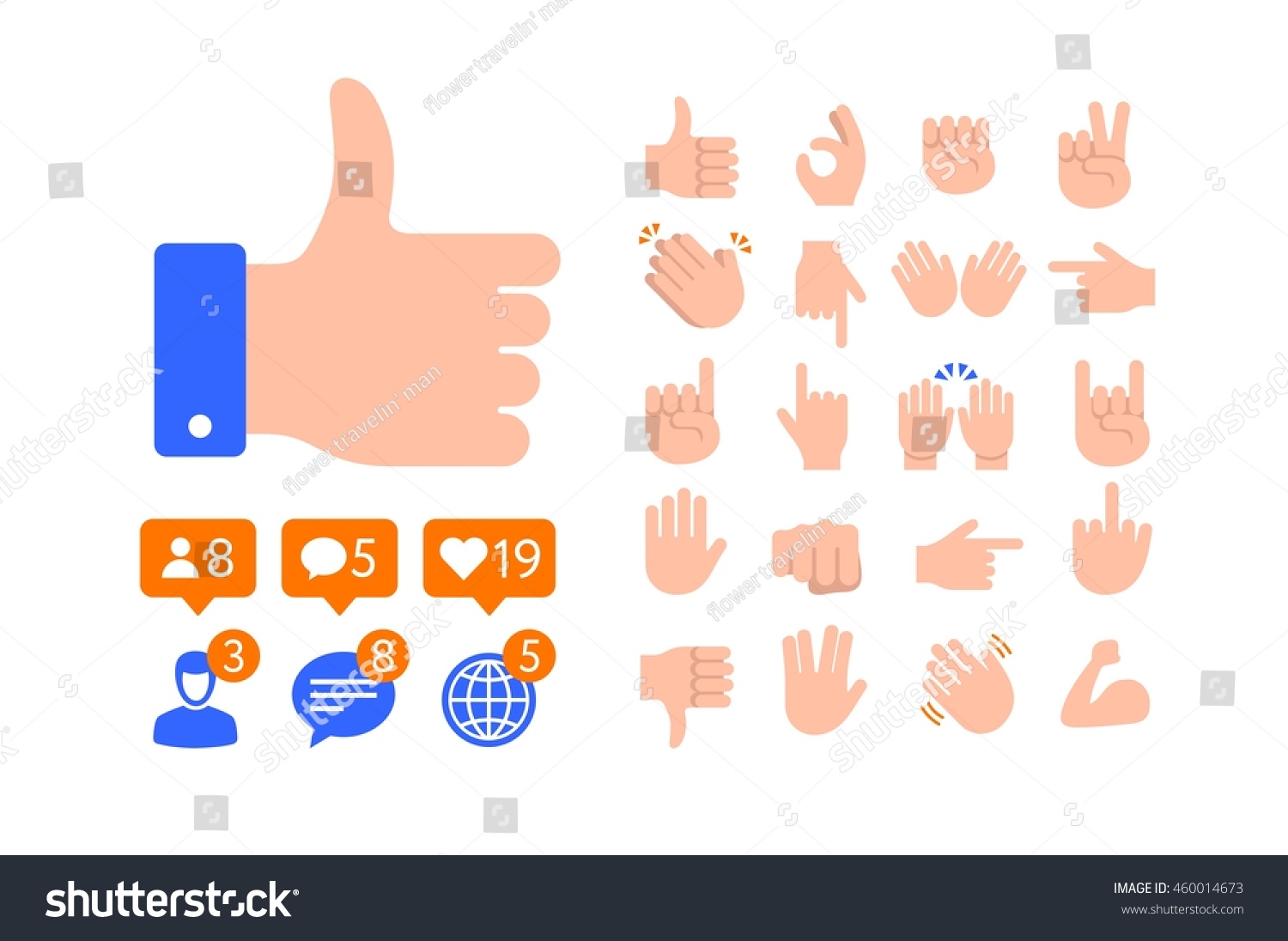 SVG of Flat design Thumb icon, Like symbol, Message and notification set. Abstract emoji emoticon hands collection svg